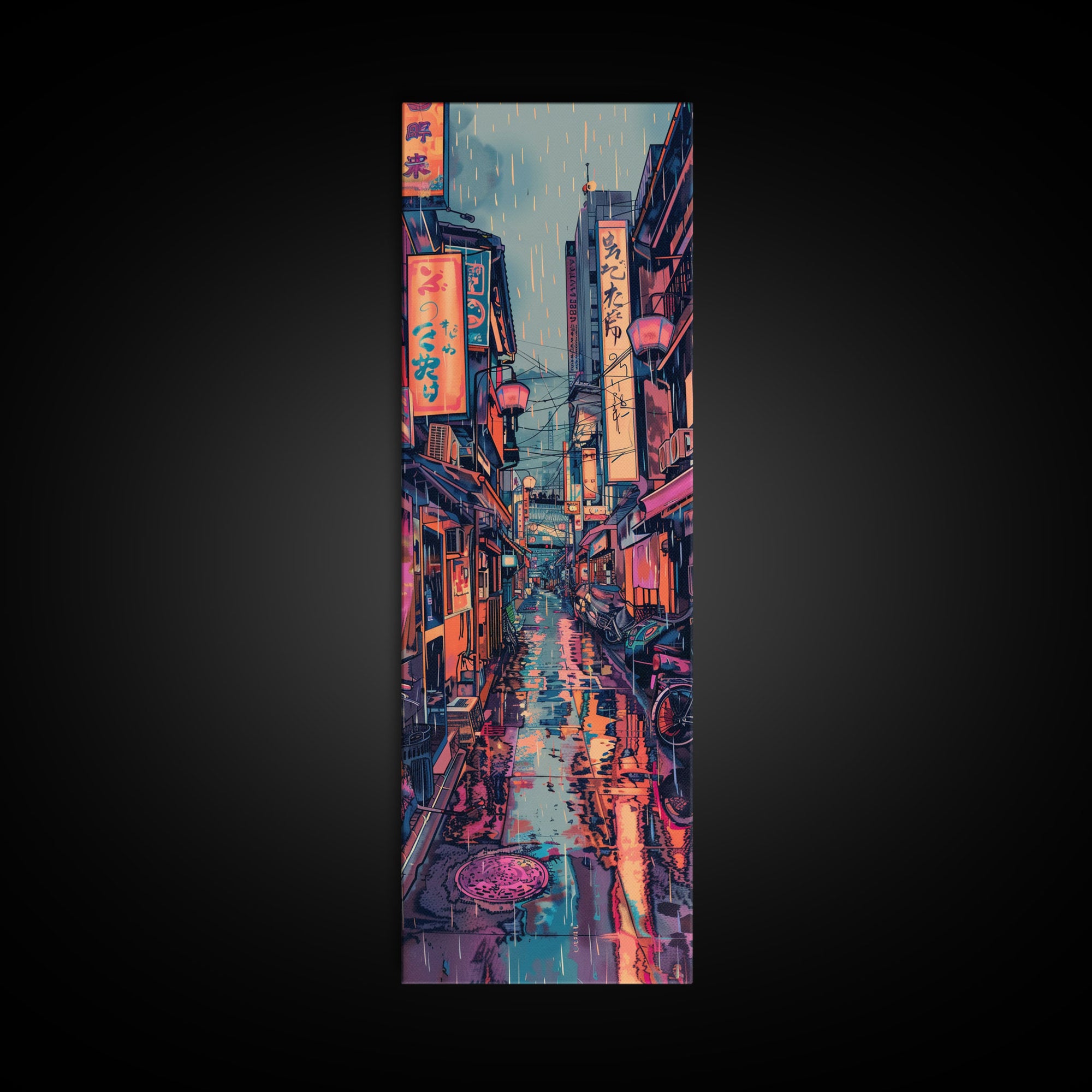 Vibrant Cityscape With Colorful Street Signs Skinny Art Tall Art Framed Canvas Print Japanese Style Art Ukiyo-e Art Wood Block Print Urban Energetic