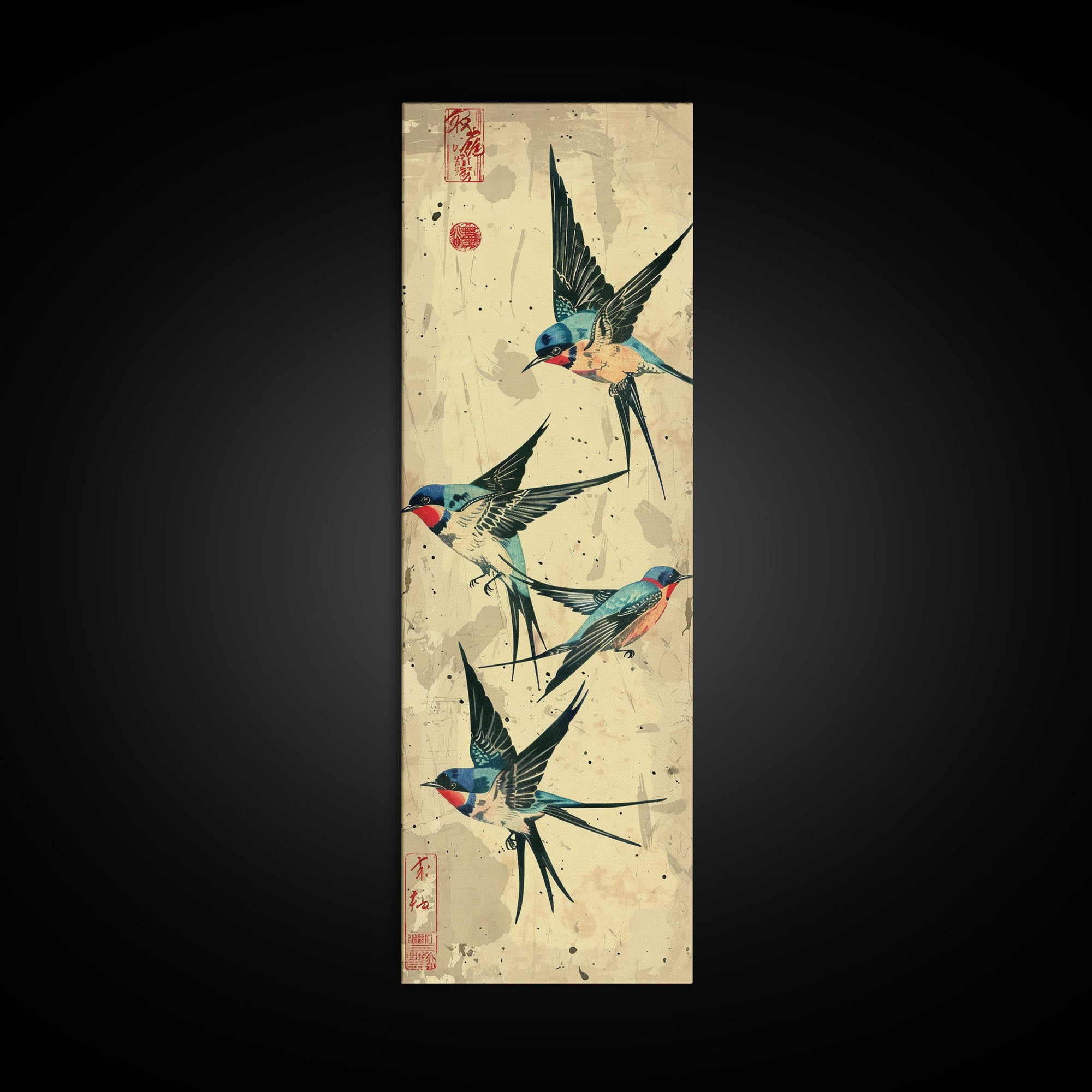 Trio Of Swallows In Flight Against A Vintage Beige Background, Skinny Art Tall Wall Art Framed Canvas Print Japanese Style Art