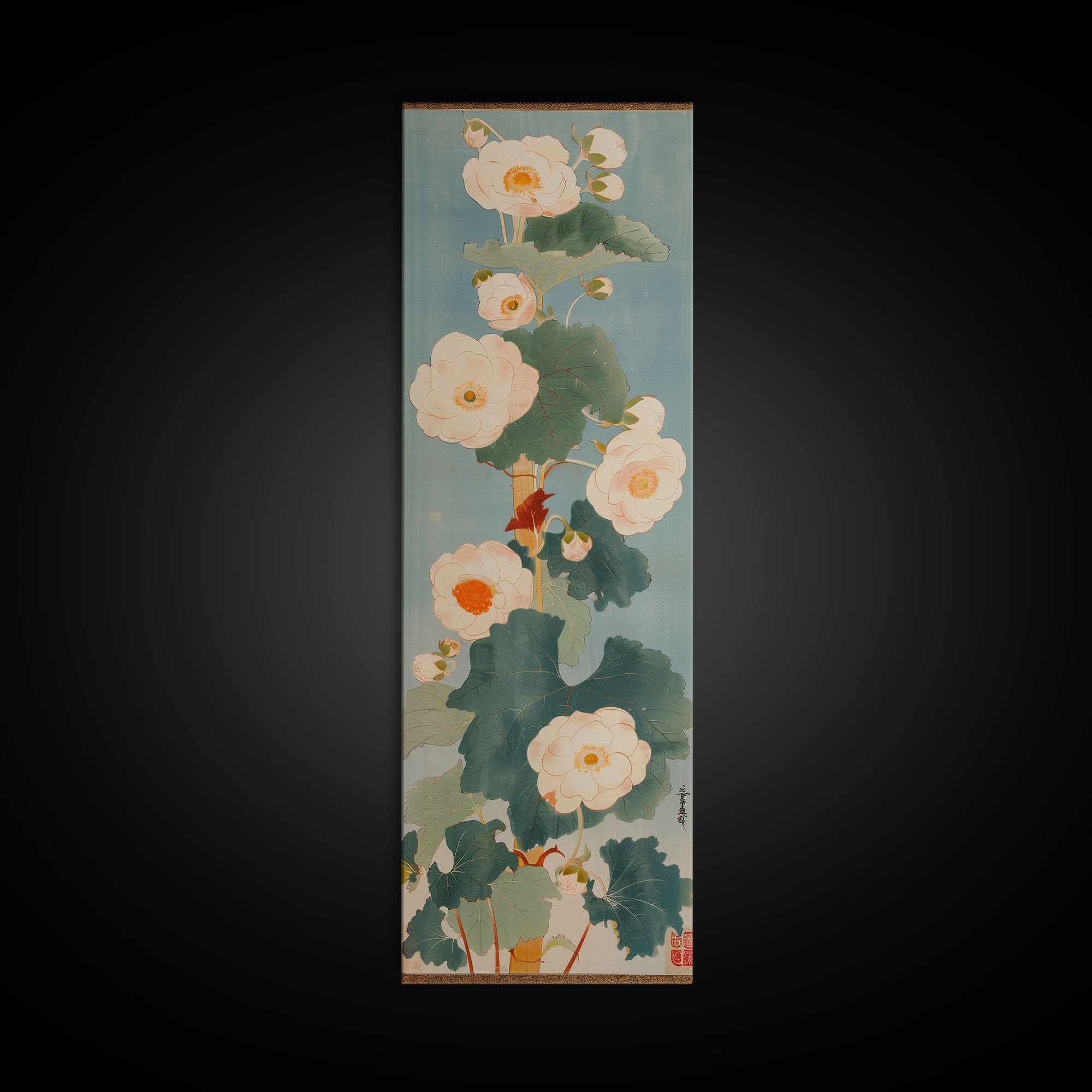 Tall White Blooms with Large Leaves on Blue Background, Framed Canvas Print in Japanese Art Style