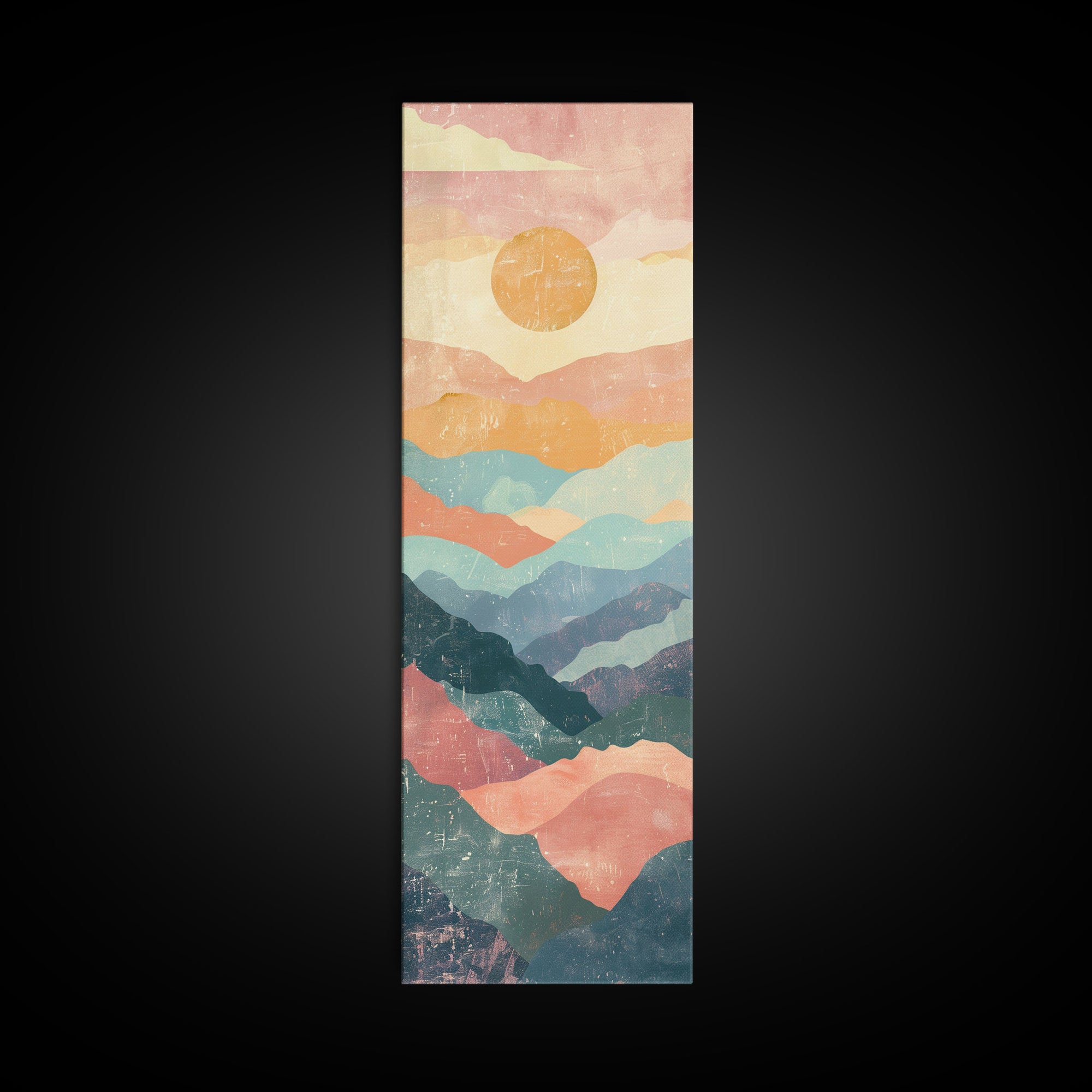 Abstract Sunset Over Rolling Hills, Japanese Art-Inspired Tall Framed Canvas Print for Wall Art