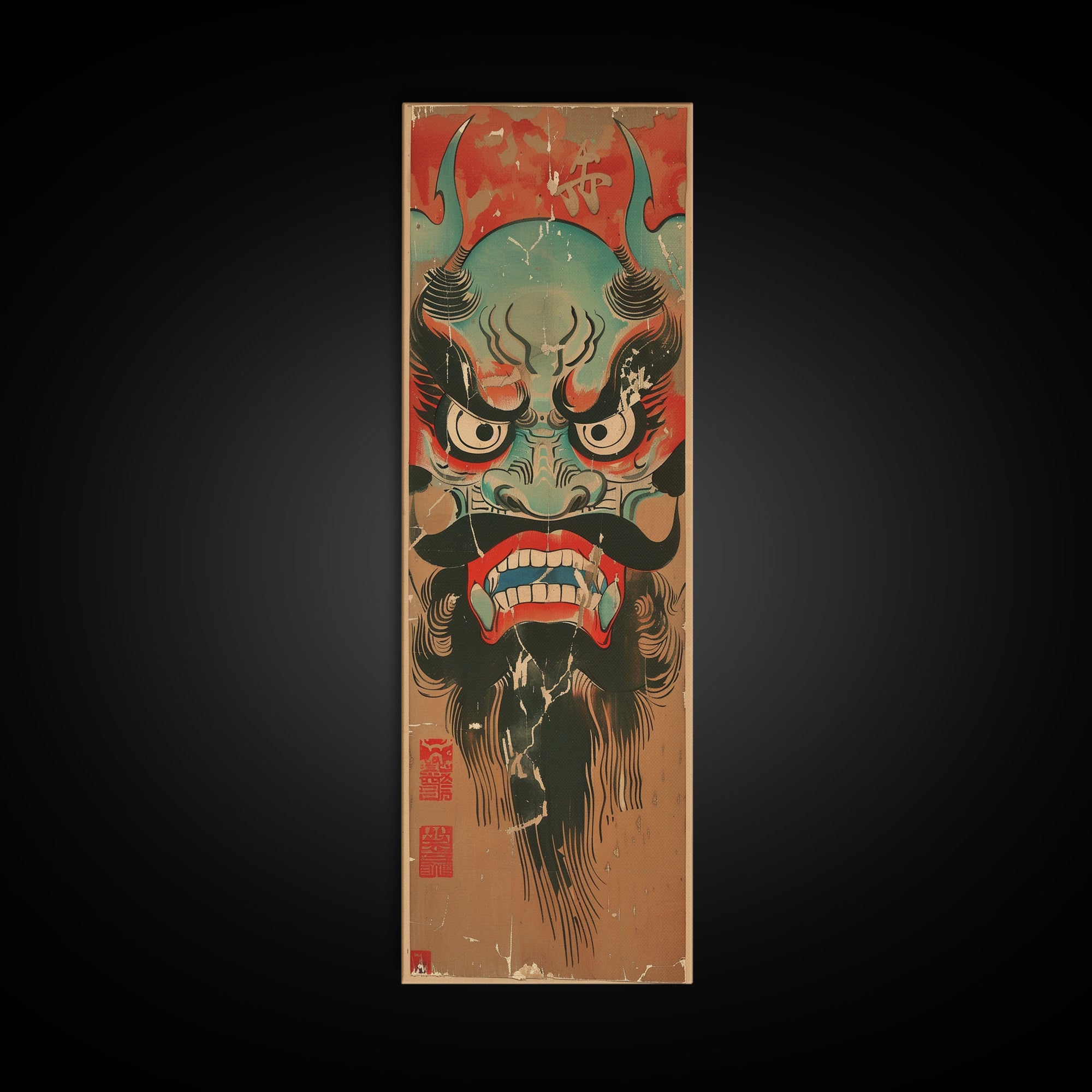 Traditional Japanese Demon Mask Art In Ukiyo-e Style Framed Canvas Print Tall Skinny Cultural Wood Block Wall Decor