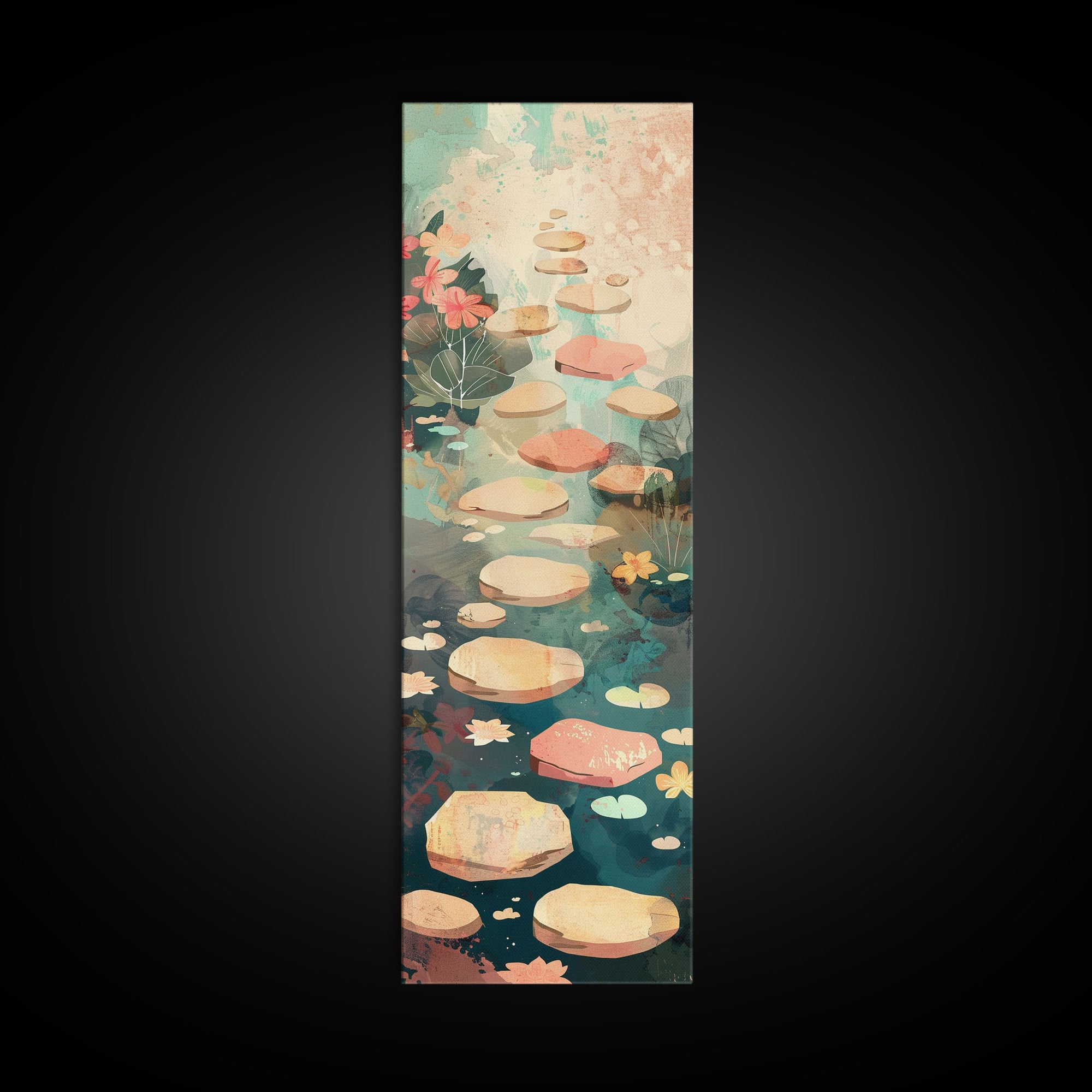 Stepping Stones In Japanese Garden Tranquil Path Art On Framed Canvas Print In Ukiyo-e Style Tall Skinny Wood Block Wall Decor