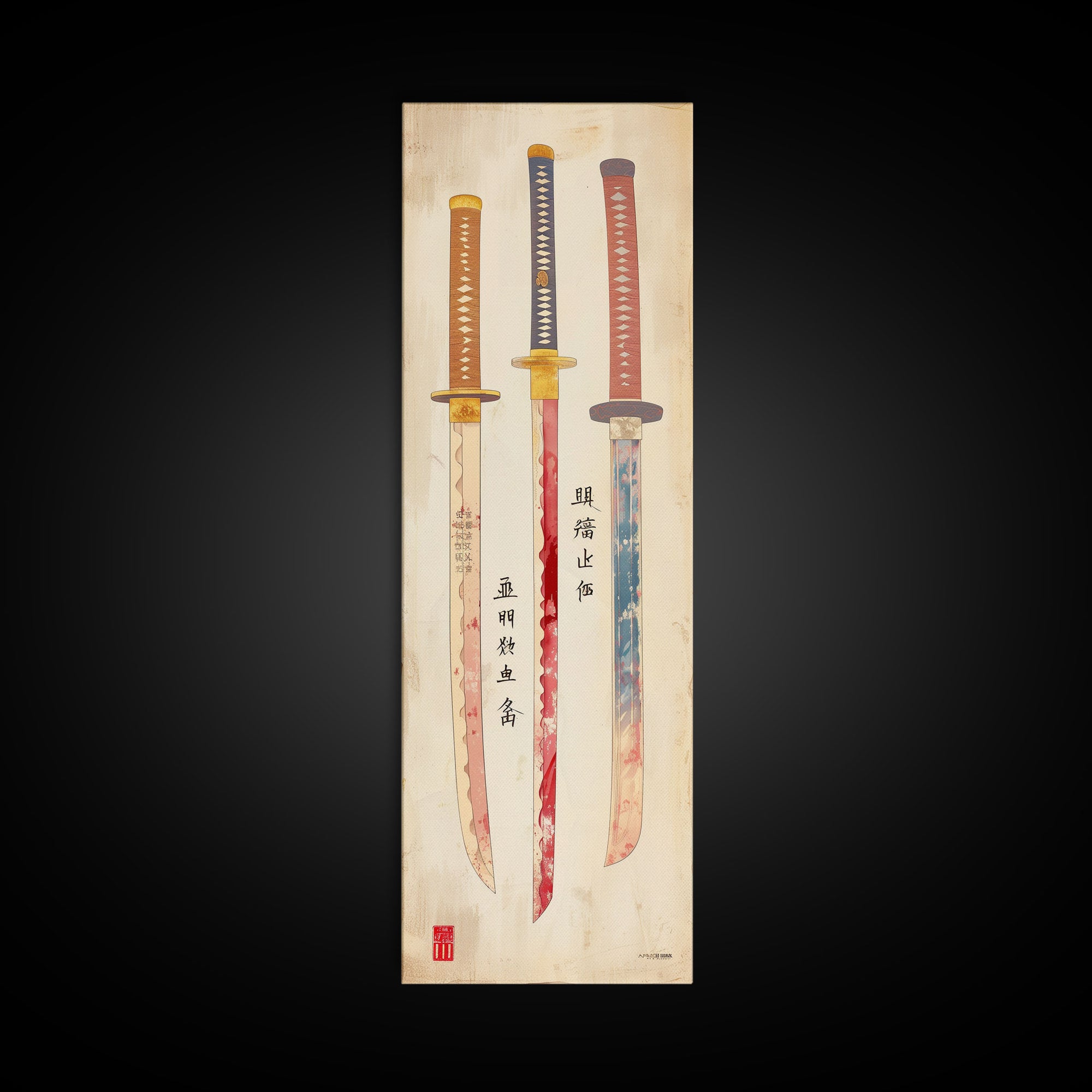 Three Ornate Samurai Swords Displayed Traditional Japanese Style On A Vintage Background Tall Framed Canvas Print Historical Decor