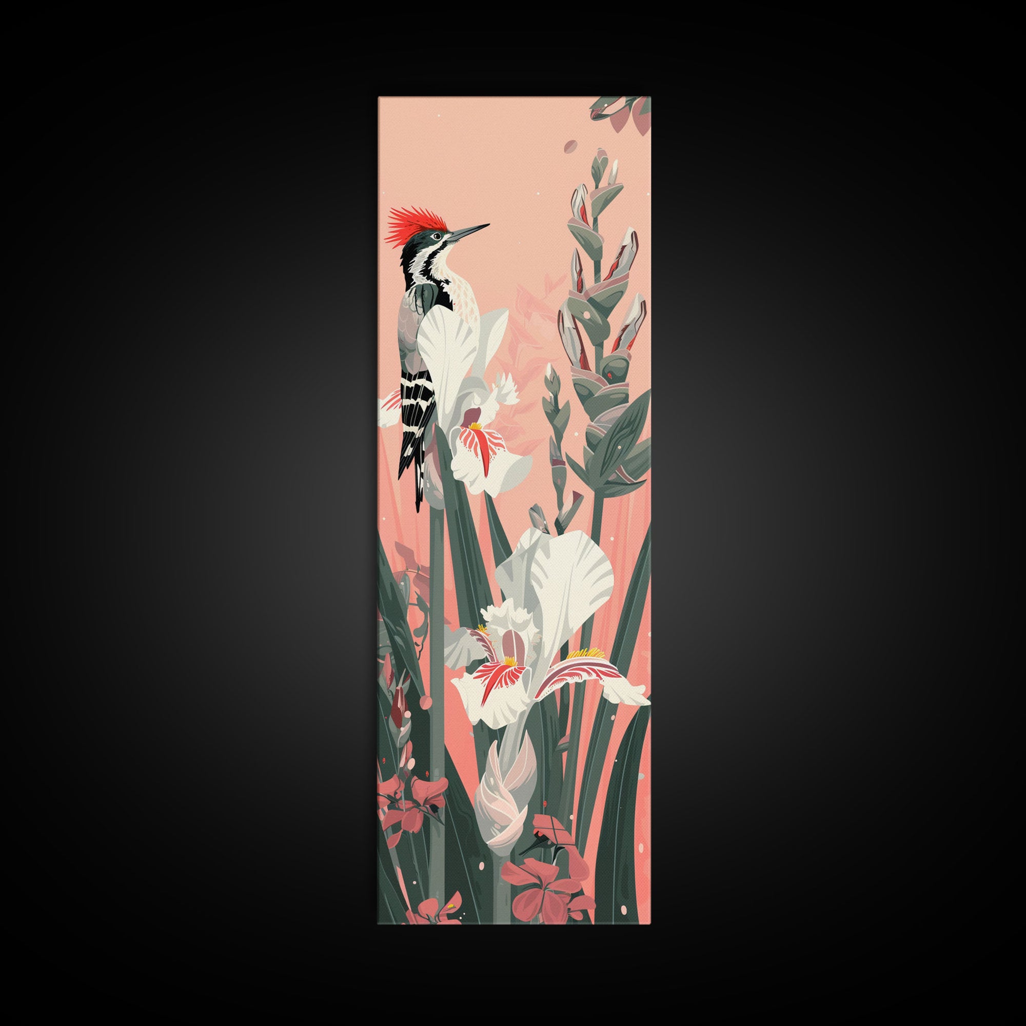 Woodpecker Perched on Stalks of Flowers against a Soft Pink Background Ukiyo-e Art Japanese Framed Canvas Print Skinny Tall Art