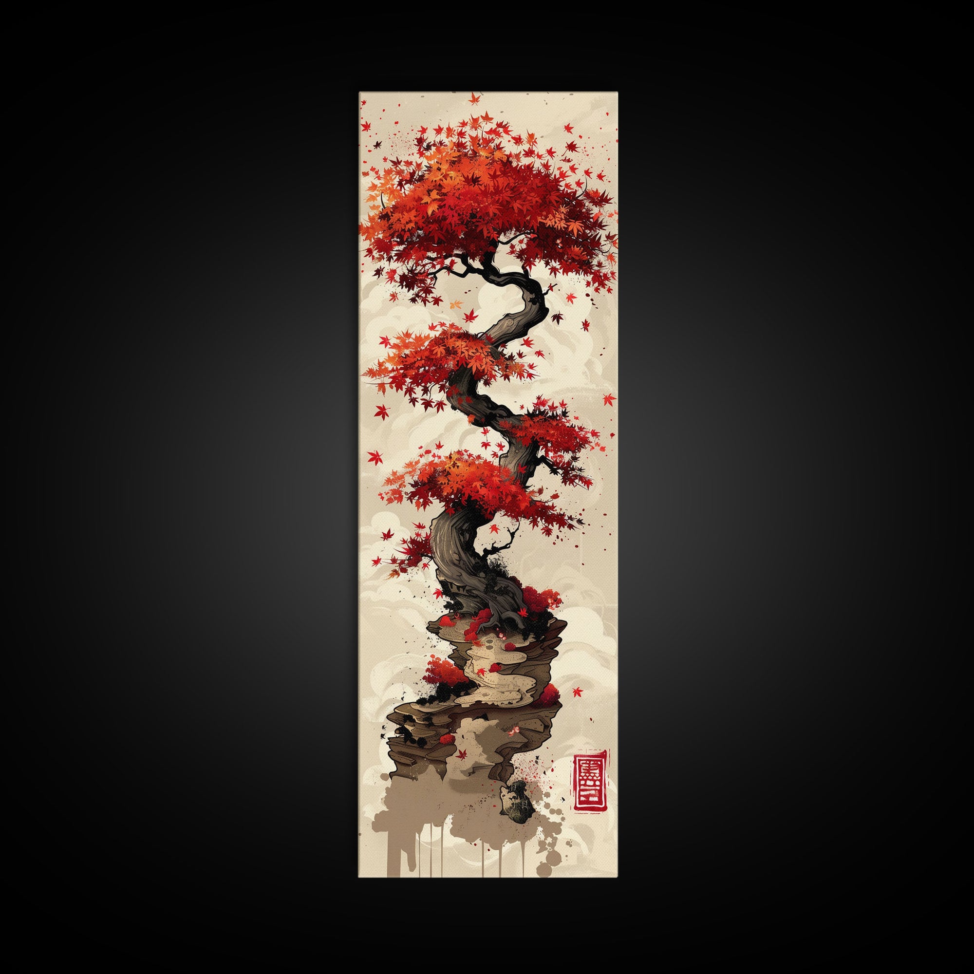 Vibrant Red Maple Tree with Twisting Branches on a Beige Background Ukiyo-e Art Japanese Framed Canvas Print Skinny Tall Art