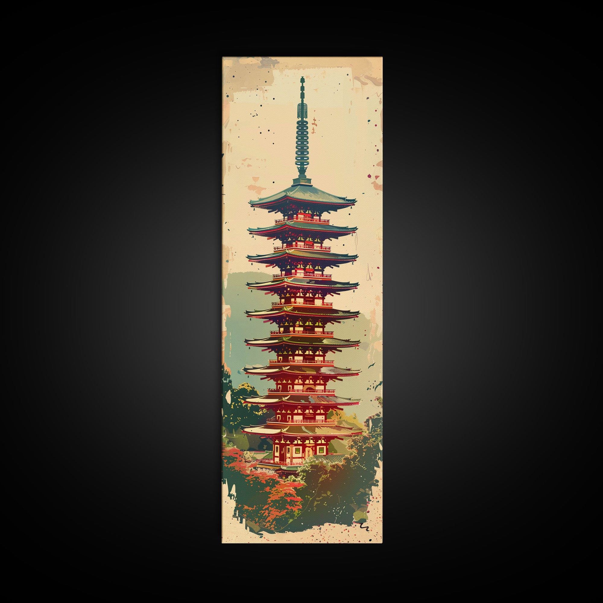 Tall Art, Skinny Art, Japanese Style Art, Pagoda Tower Wood Block Print Framed Canvas Print Ukiyo-e Art