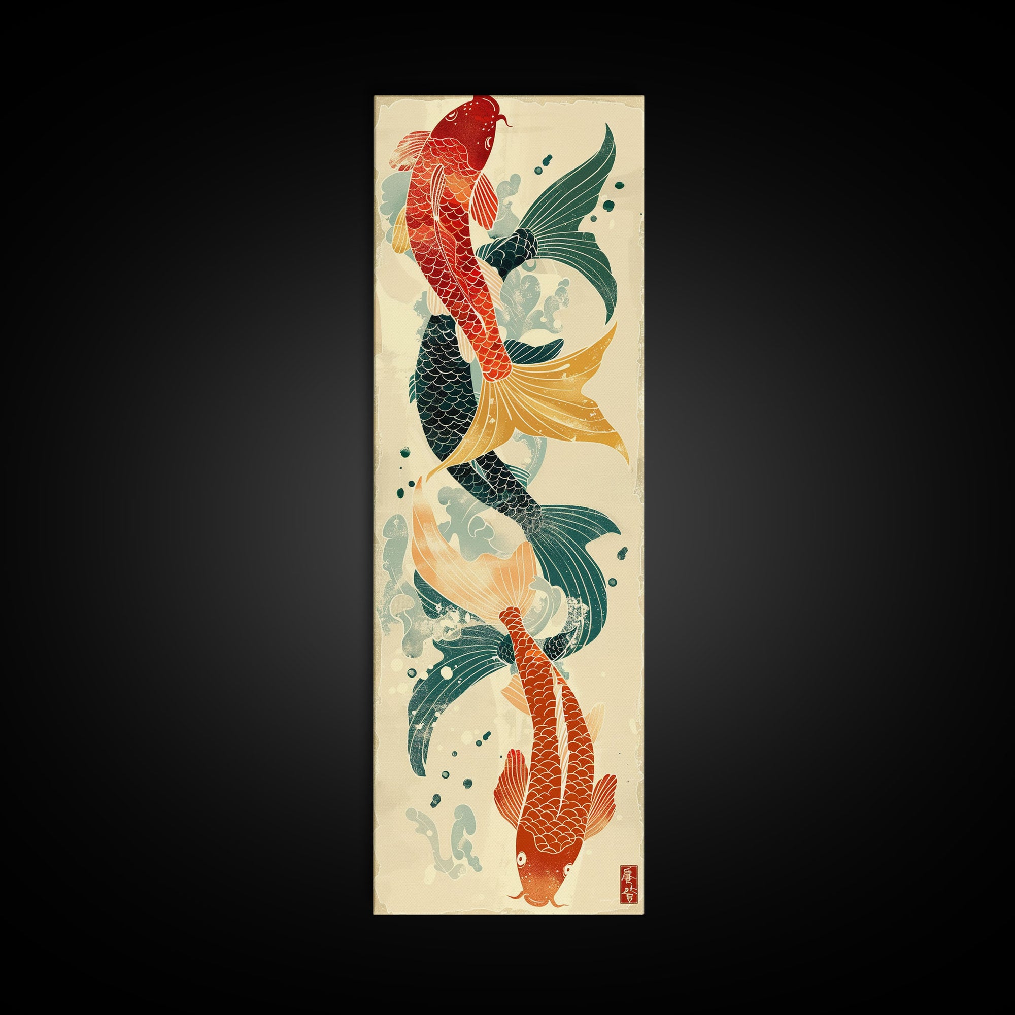 Ukiyo-e Art Of Two Koi Fish Intertwined In A Harmonious Composition, Skinny Art, Tall Art, Japanese Style Art, Wood Block Print, Framed Canvas Print