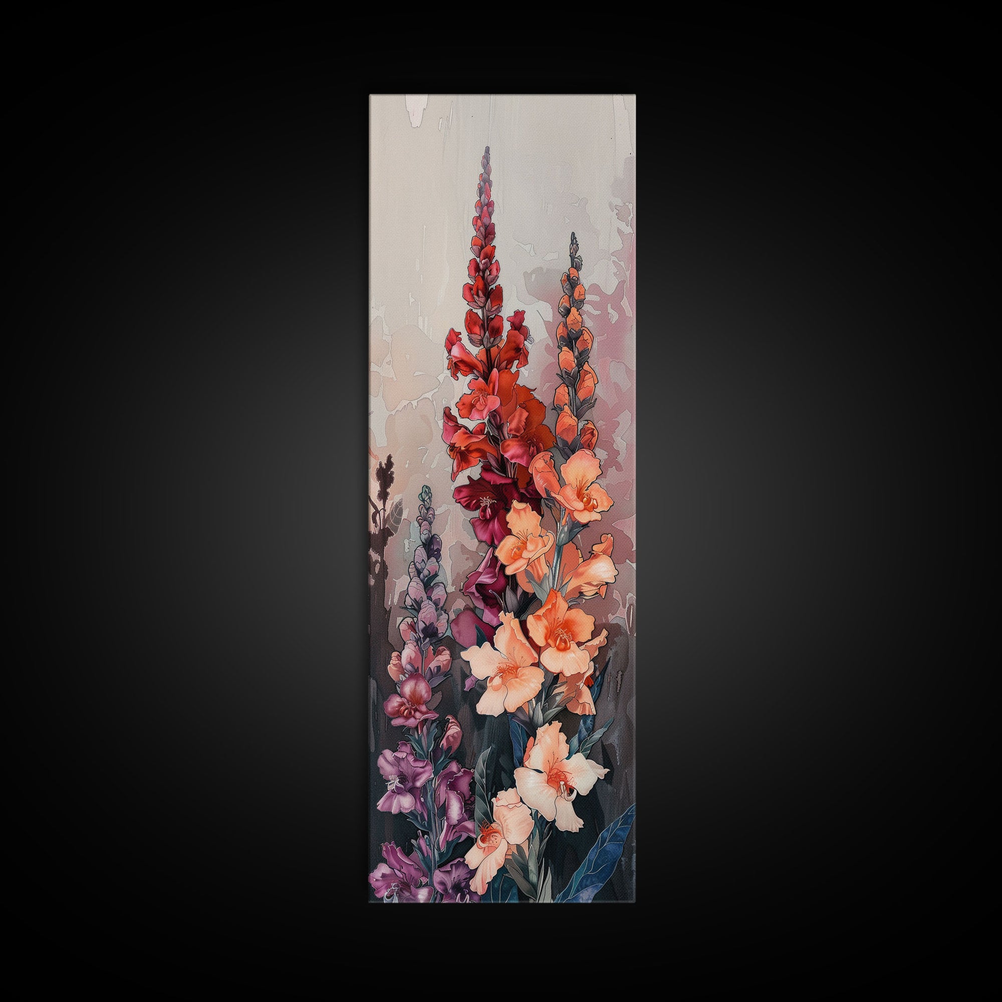 Wood Block Print Featuring Vibrant Gladiolus Flowers In A Dynamic Arrangement, Skinny Art, Tall Art, Japanese Style Art, Ukiyo-e Art, Framed Canvas Print