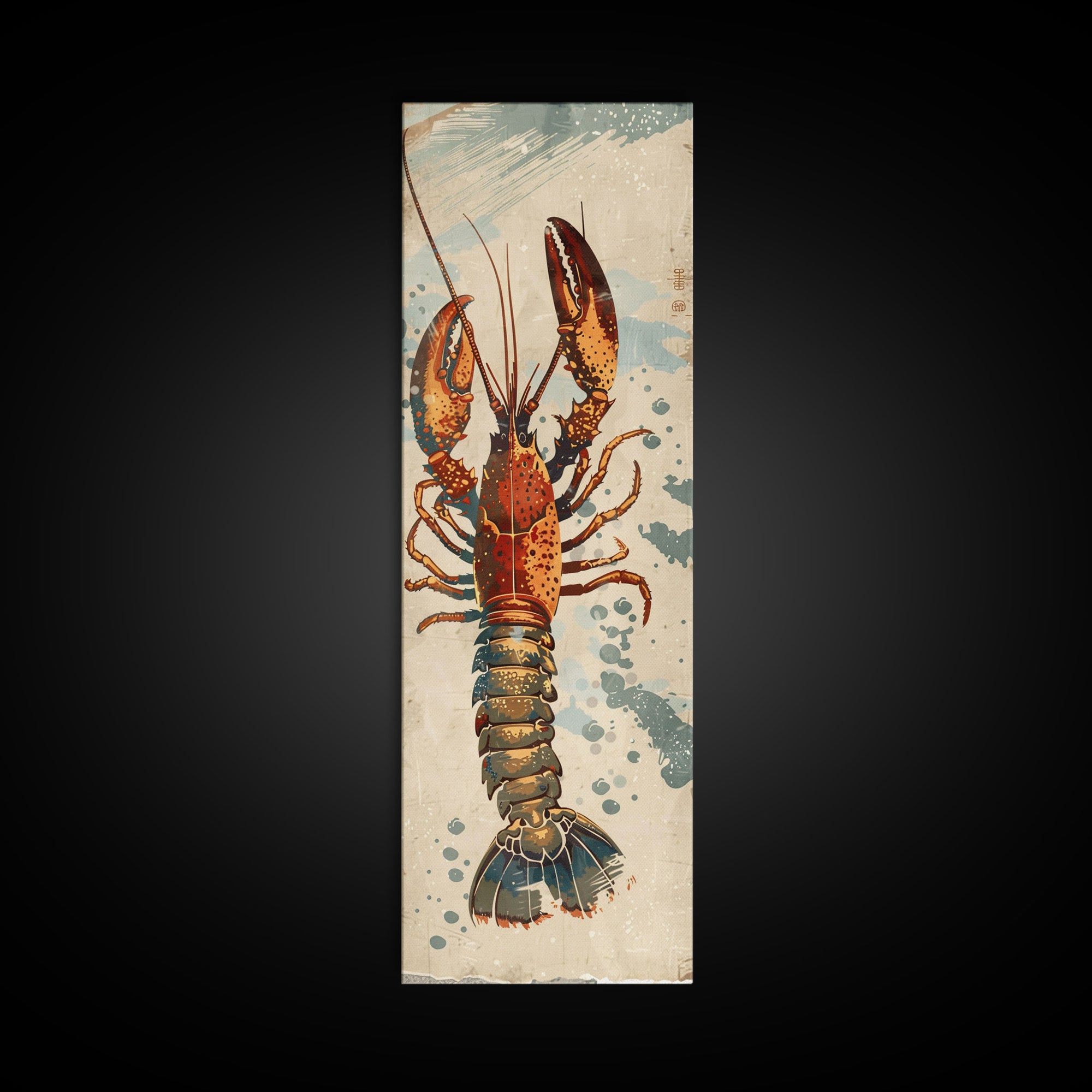 Ukiyo-e Art Of A Boldly Colored Lobster With Intricate Details, Skinny Art, Tall Art, Japanese Style Art, Framed Canvas Print, Wood Block Print