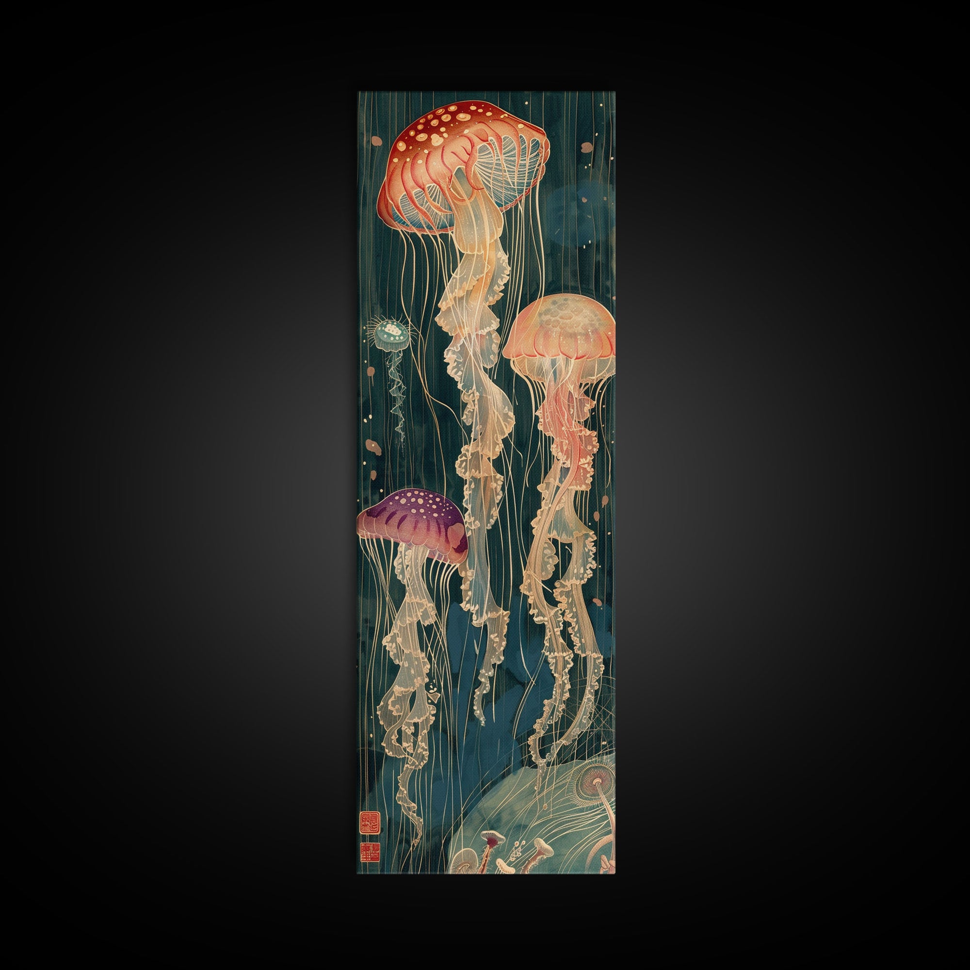 Skinny Art Tall Art Jellyfish Wood Block Print Japanese Style Art Captivating Underwater Scene Framed Canvas Print