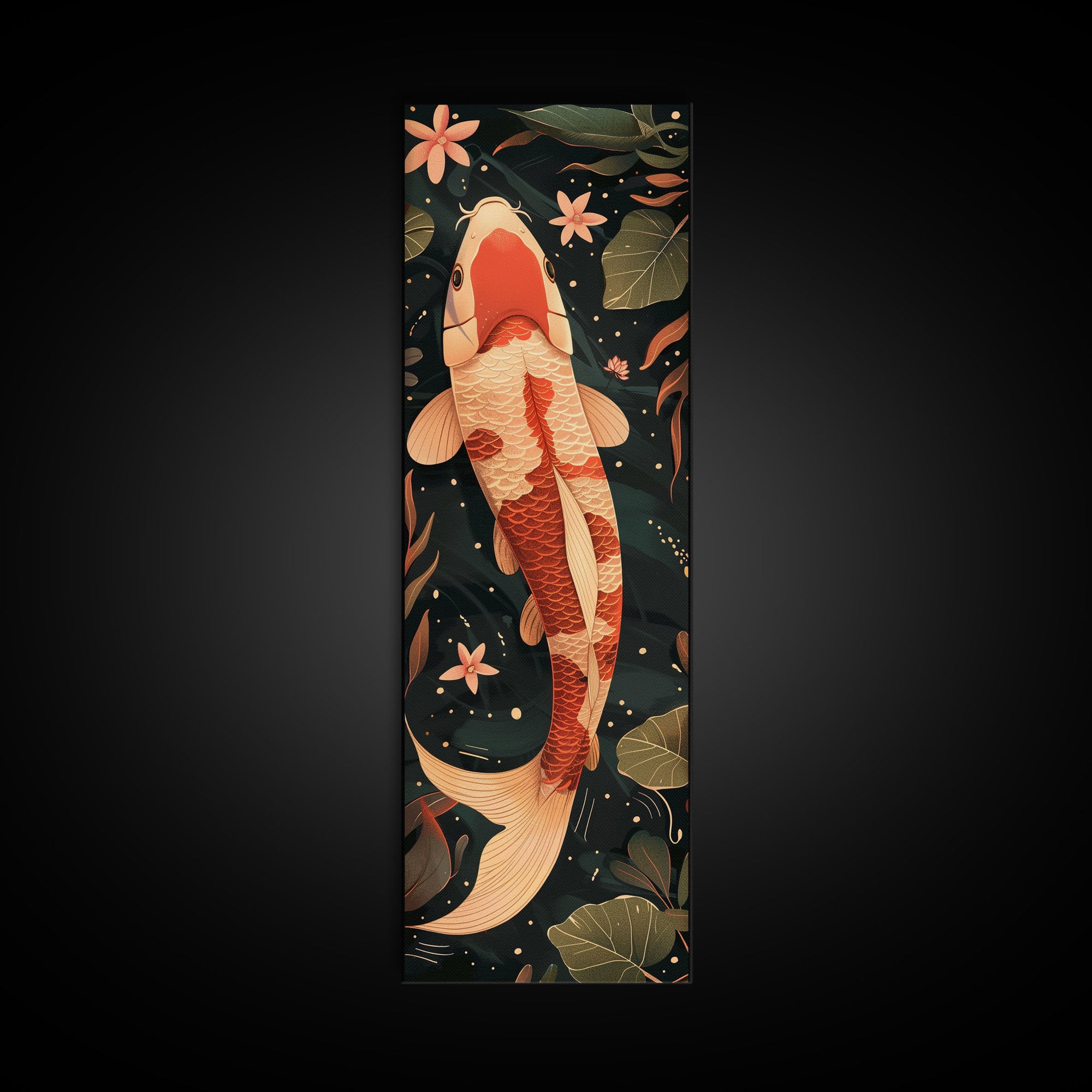 Skinny Art Tall Art Koi Fish Wood Block Print Japanese Style Art Swimming Among Lotus Flowers Framed Canvas Print