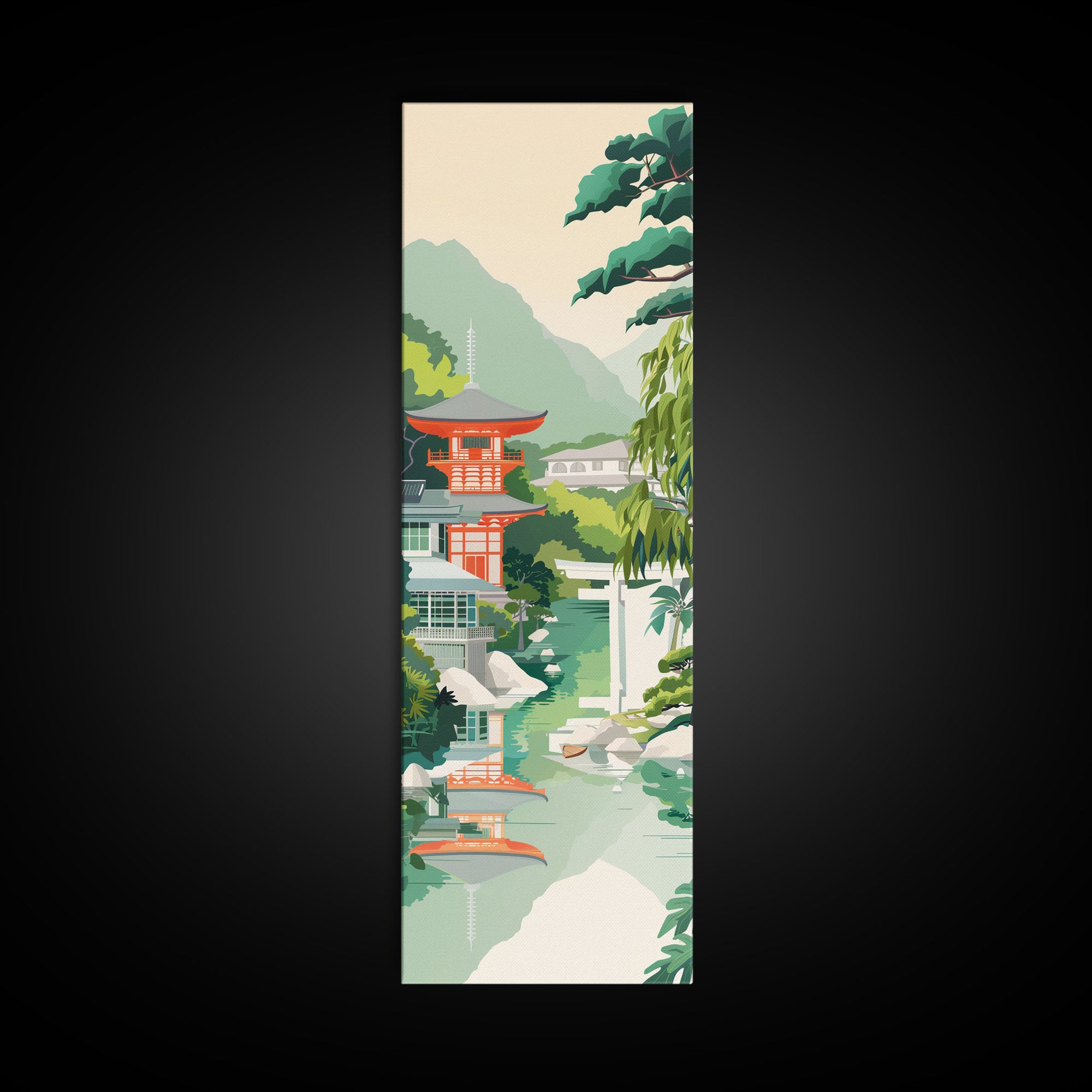 Skinny Art Tall Art Tranquil Japanese Garden Wood Block Print Japanese Style Art With Pagoda Reflected In Water Framed Canvas Print