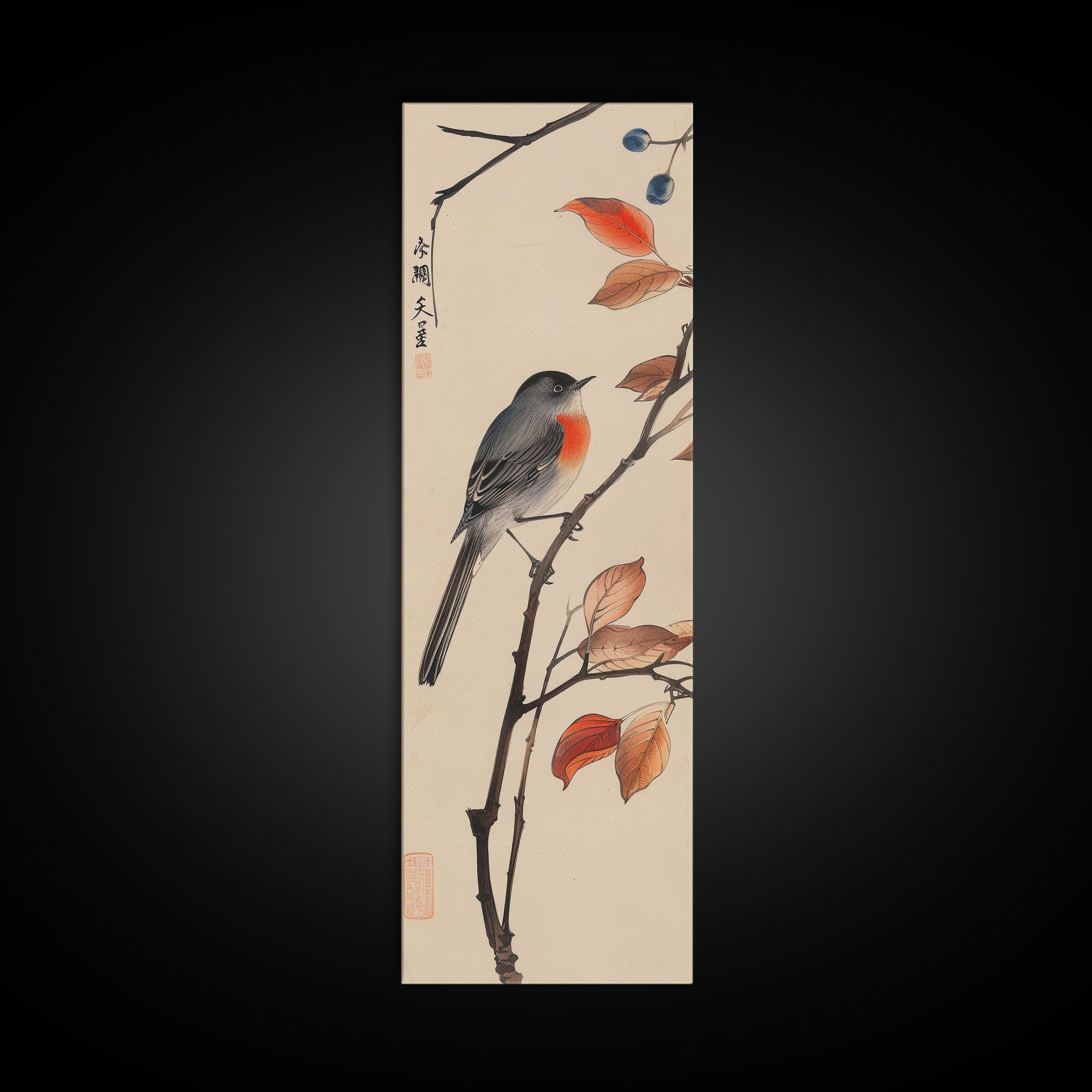 Songbird Perched On Branch With Autumn Leaves Skinny Art Wood Block Print Framed Canvas Print