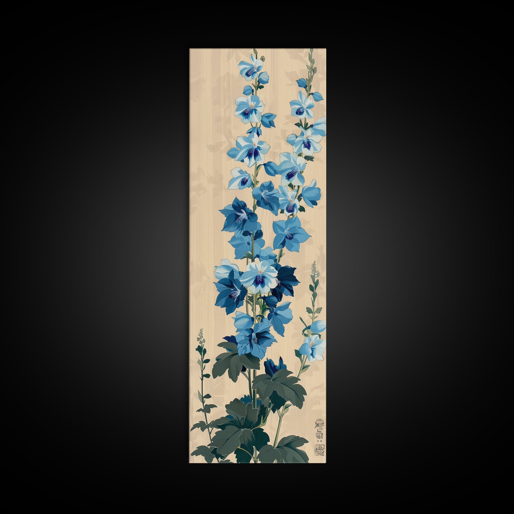 Tall Blue Delphinium Flowers Against Beige Background Ukiyo-e Wood Block Print Framed Canvas Print