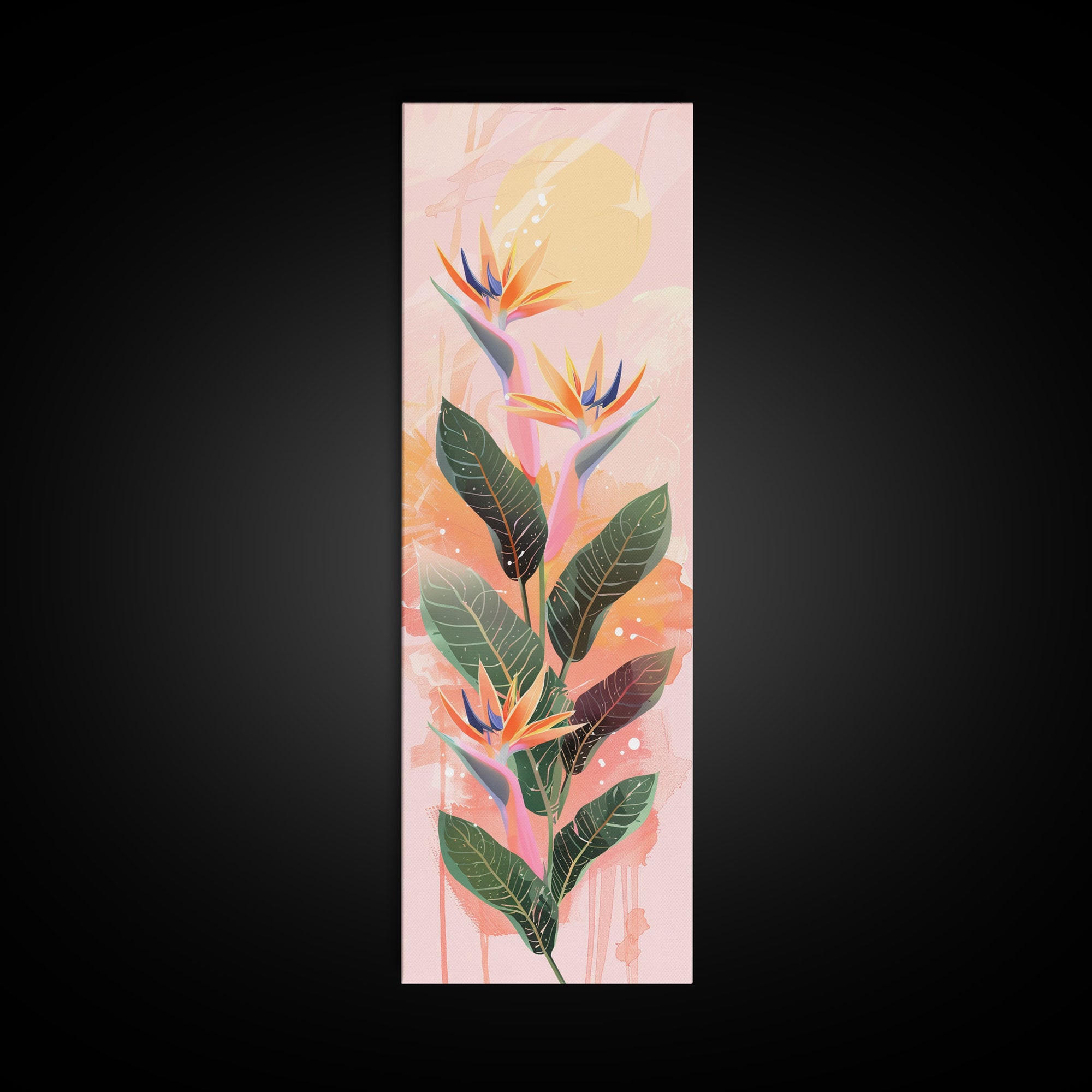 Vibrant Bird Of Paradise Flowers Against Soft Pastel Background Ukiyo-e Style Skinny Tall Wood Block Framed Canvas Print