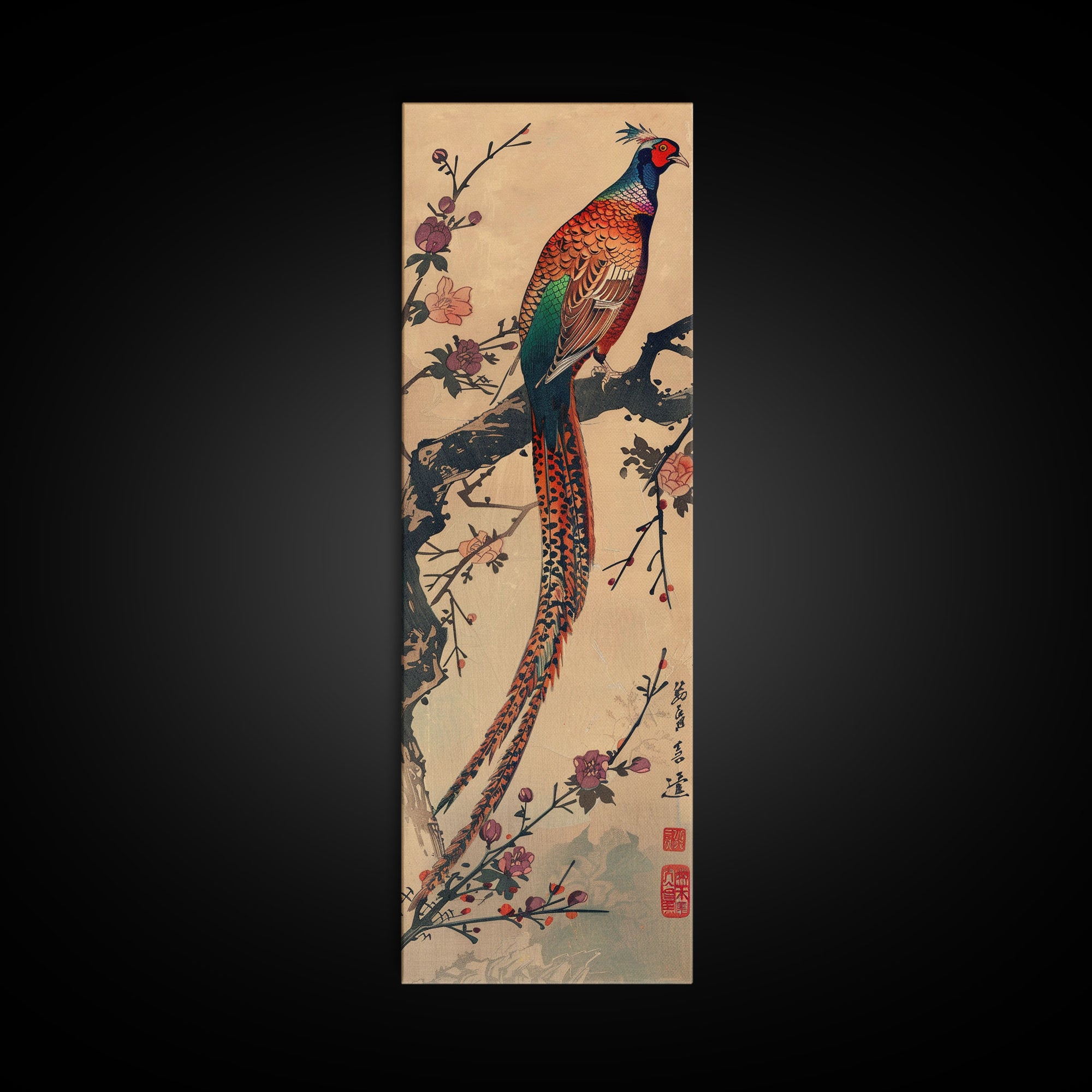 Vibrant Pheasant Perched On Flowering Branch For Traditional Japanese Art Wall Decor Framed Canvas Print