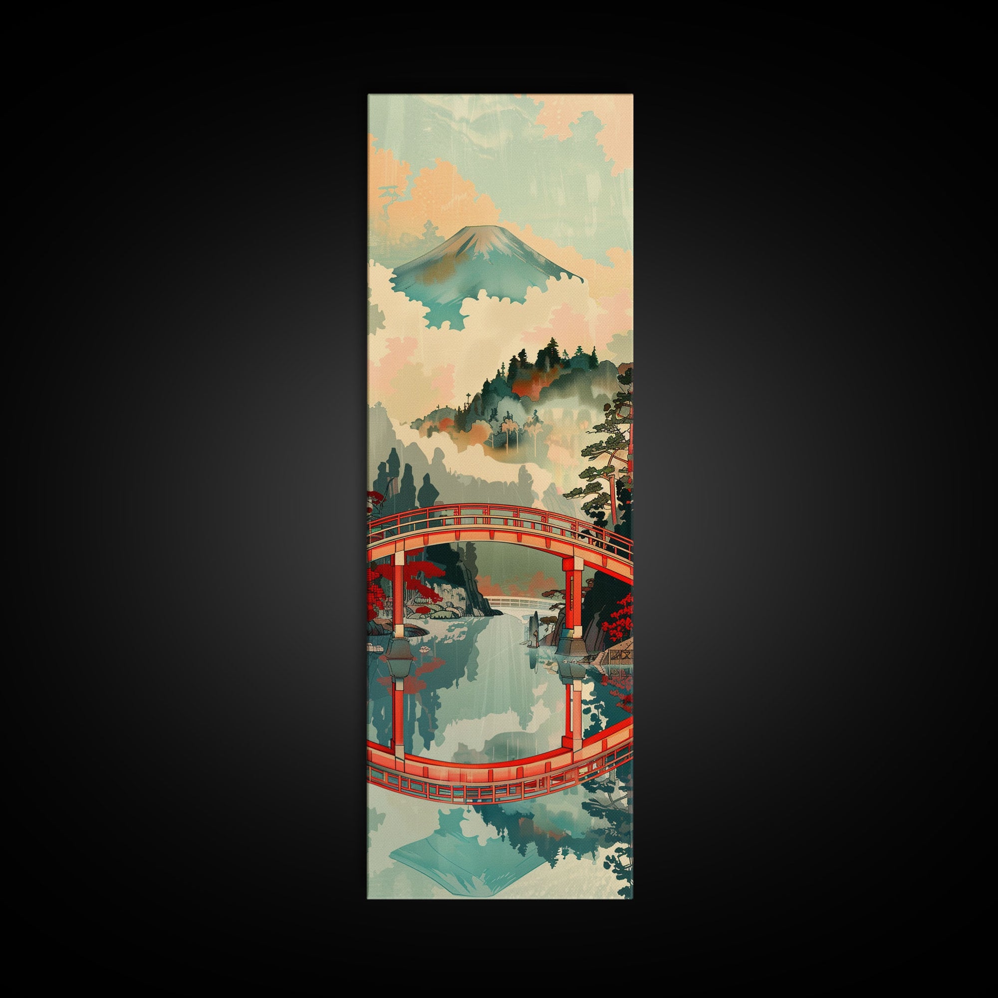 Stunning Mount Fuji With Red Bridge Reflection, Skinny Tall Framed Canvas Print, Feng Shui-Inspired Japanese Style Art For Wall Art