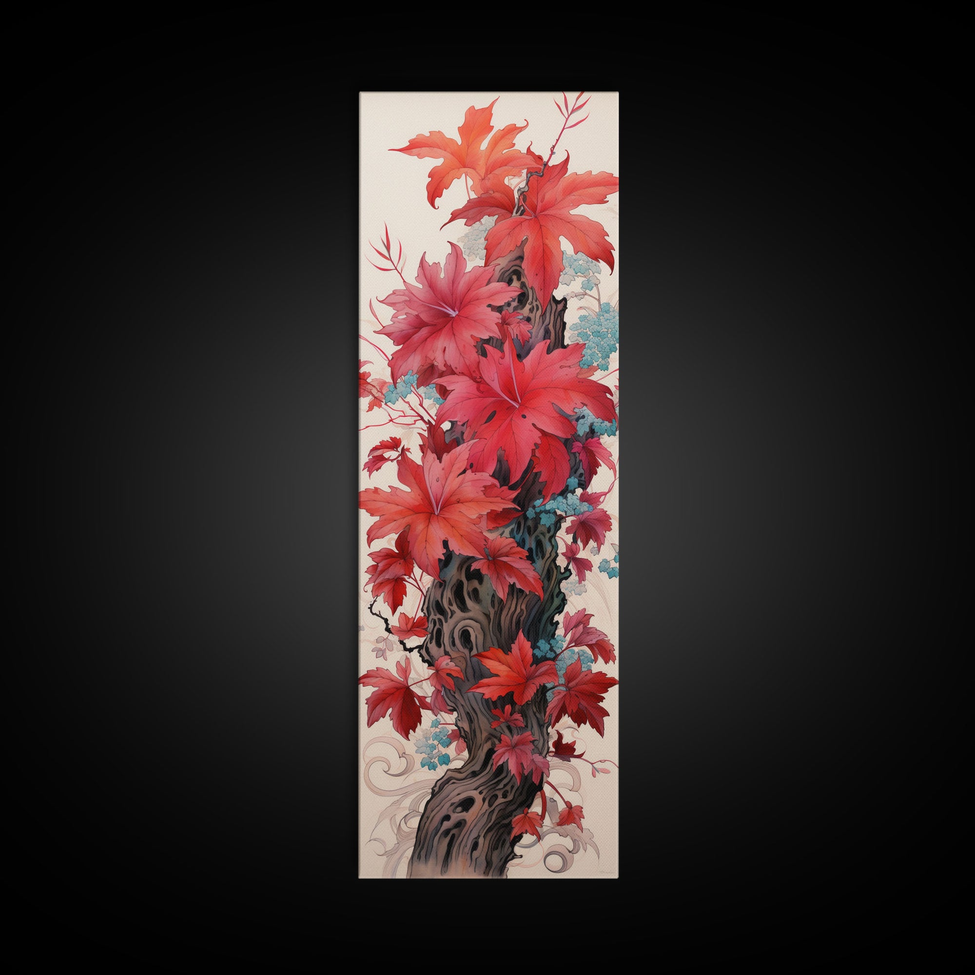 Vibrant Red Leaves On A Gnarled Tree Trunk, Tall Skinny Canvas Print For Feng Shui Decor, Japanese Style Wall Art