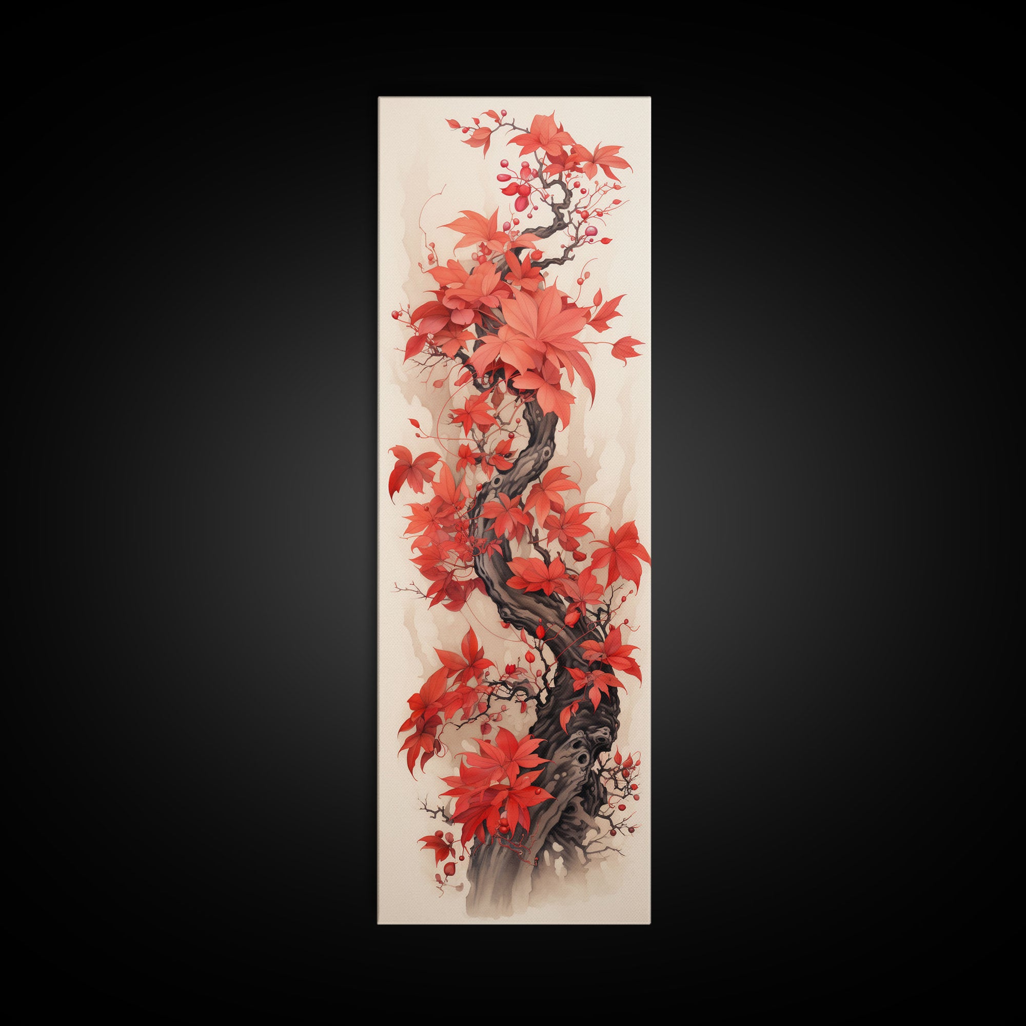 Twisting Red Vine With Autumn Berries, Skinny Tall Canvas Art Perfect For Feng Shui-Inspired Japanese Style Wall Art