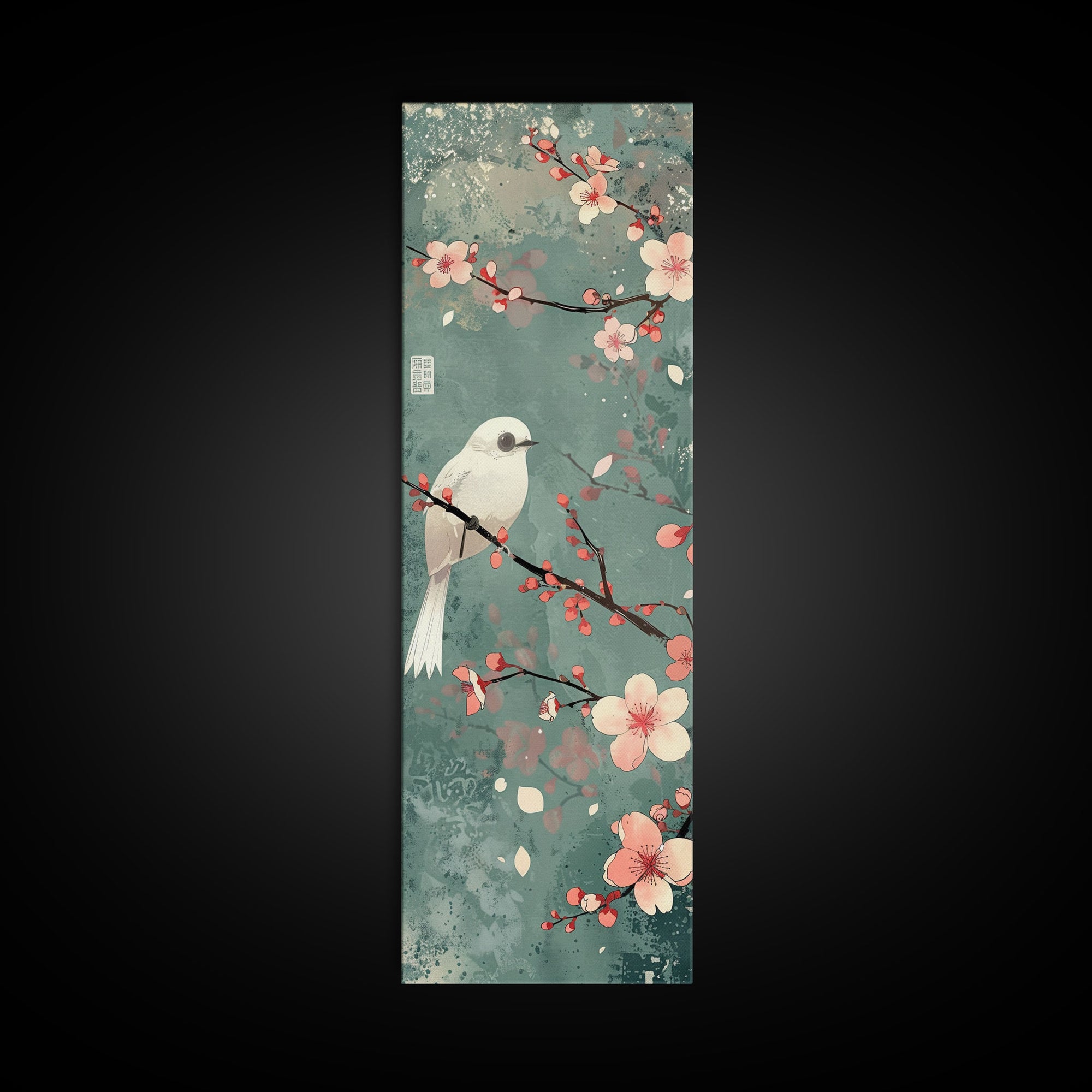 White Bird Perched On A Branch With Blossoms – Framed Canvas Print Combining Skinny Art And Tall Art Inspired By Ukiyo-E Art And Japanese Style Art