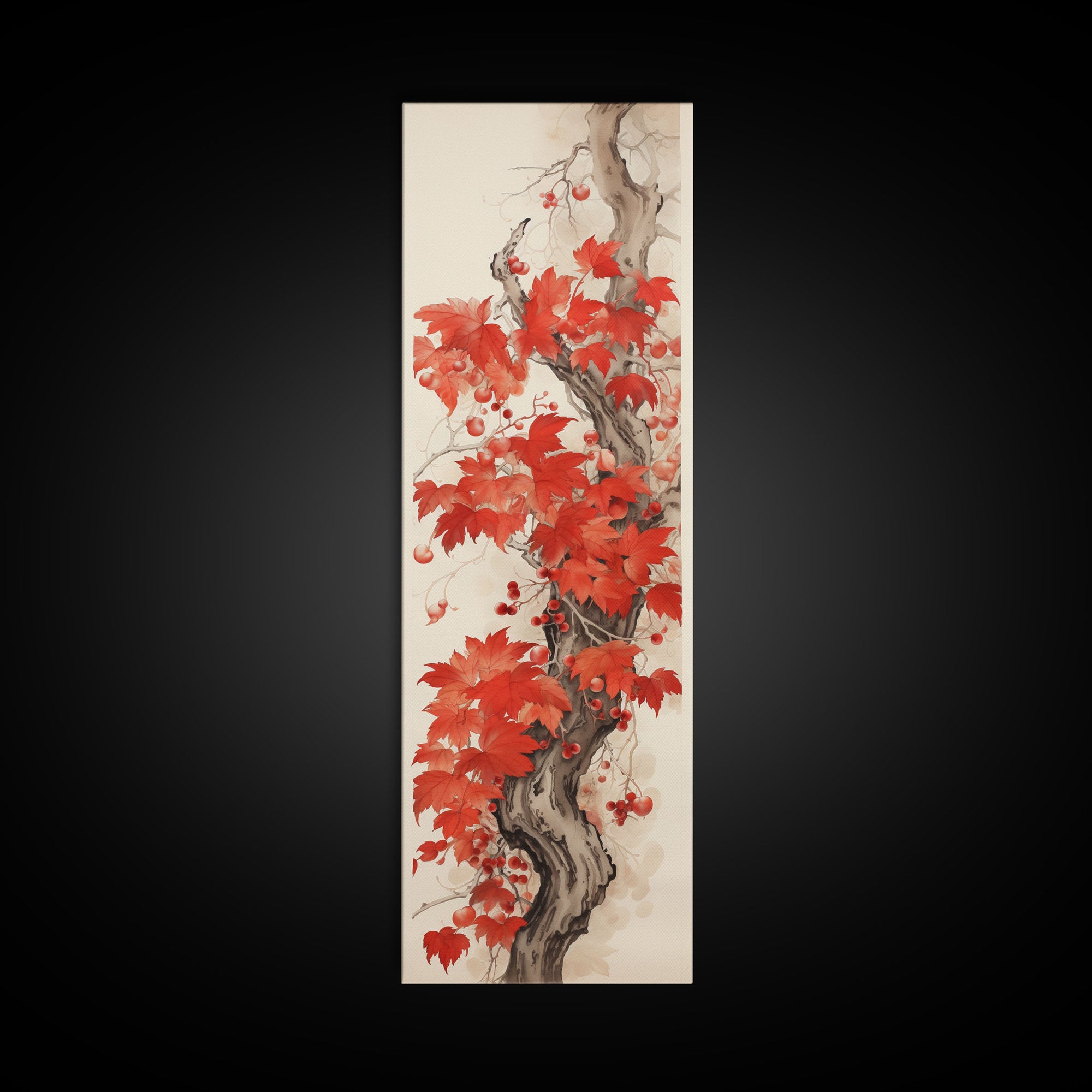 Striking Red Leaves And Berries On A Gnarled Tree, Tall Skinny Canvas Print For Feng Shui-Inspired Wall Art, Japanese Style Art