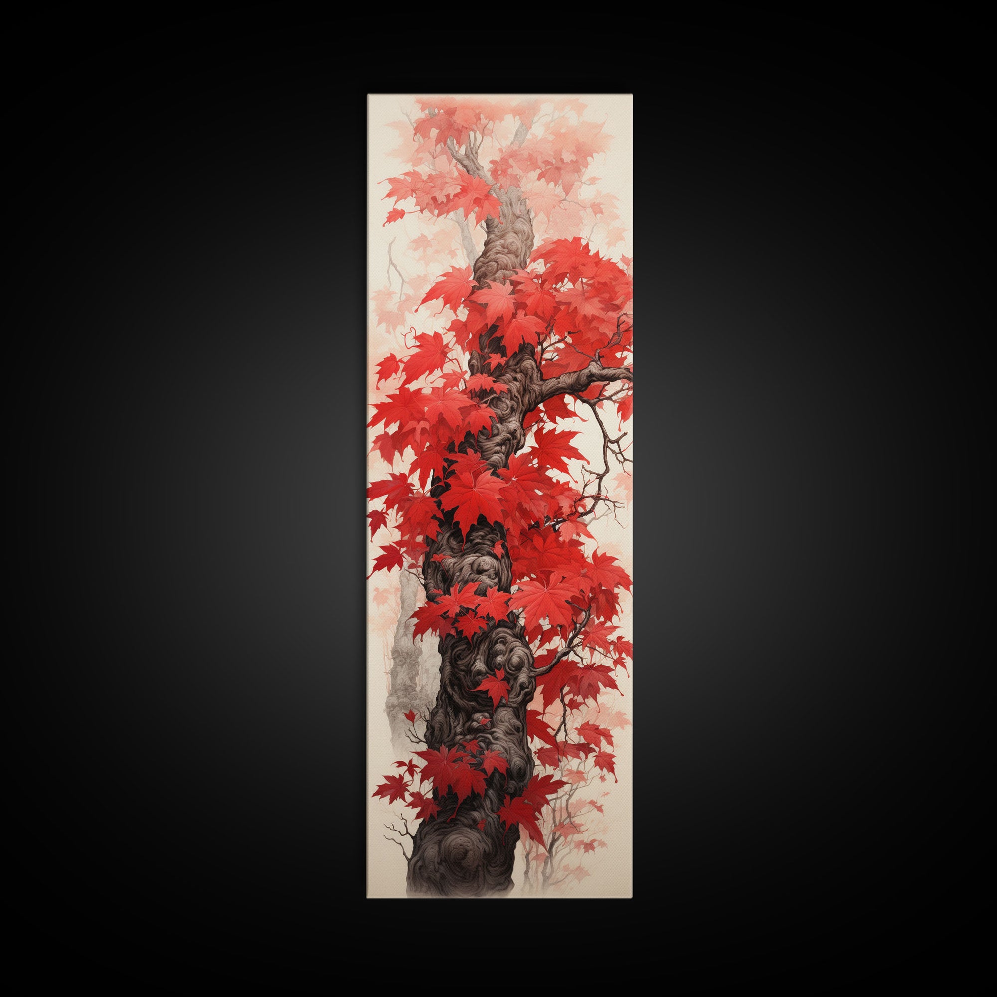 Skinny Art Tall Art Framed Canvas Print Japanese Style Art Wood Block Print Red Maple Leaves Tree Trunk Ukiyo-e Feng Shui Wall Art