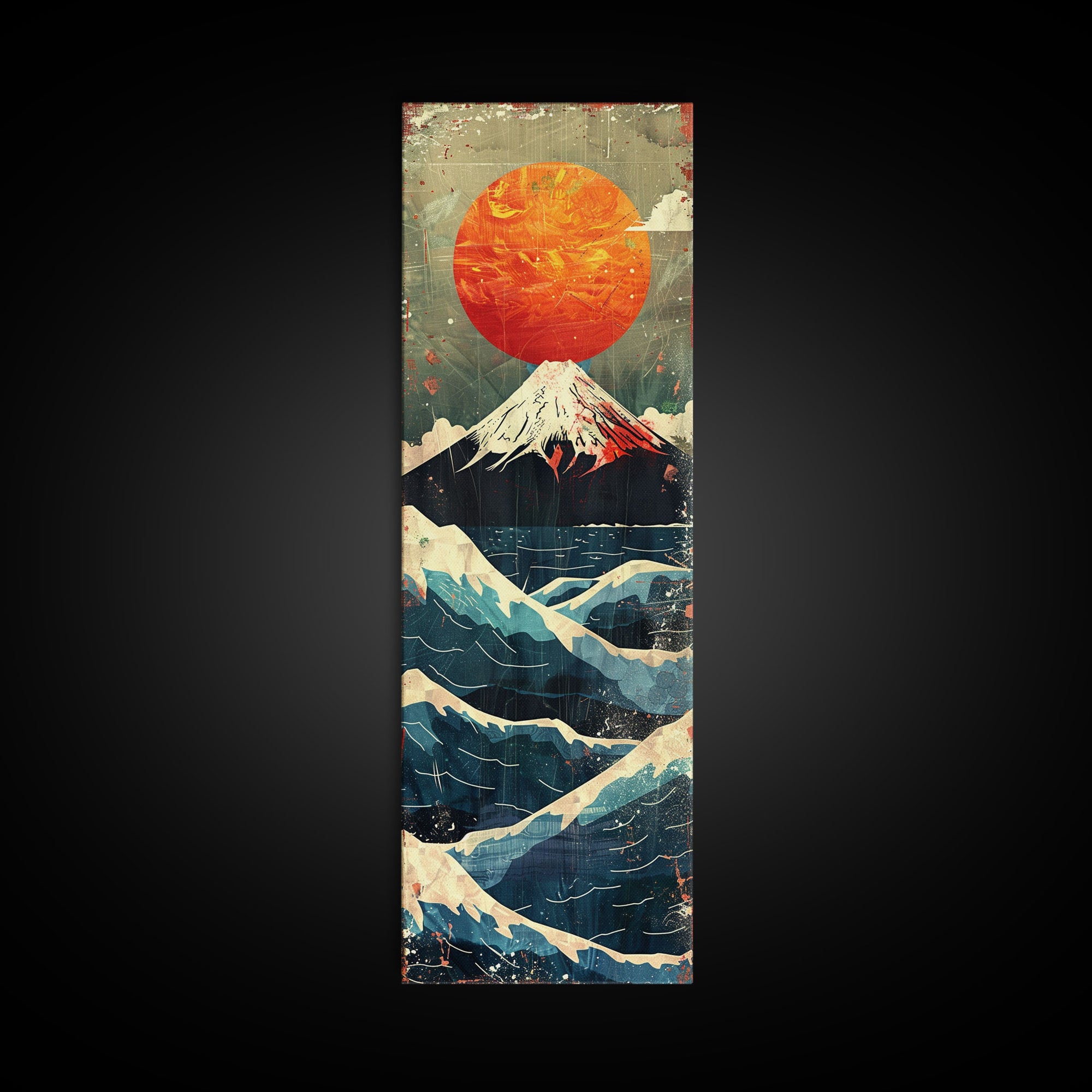 Skinny Art Tall Art Framed Canvas Print Japanese Style Art Mount Fuji Sunset Wood Block Print Ukiyo-e Feng Shui Wall Art