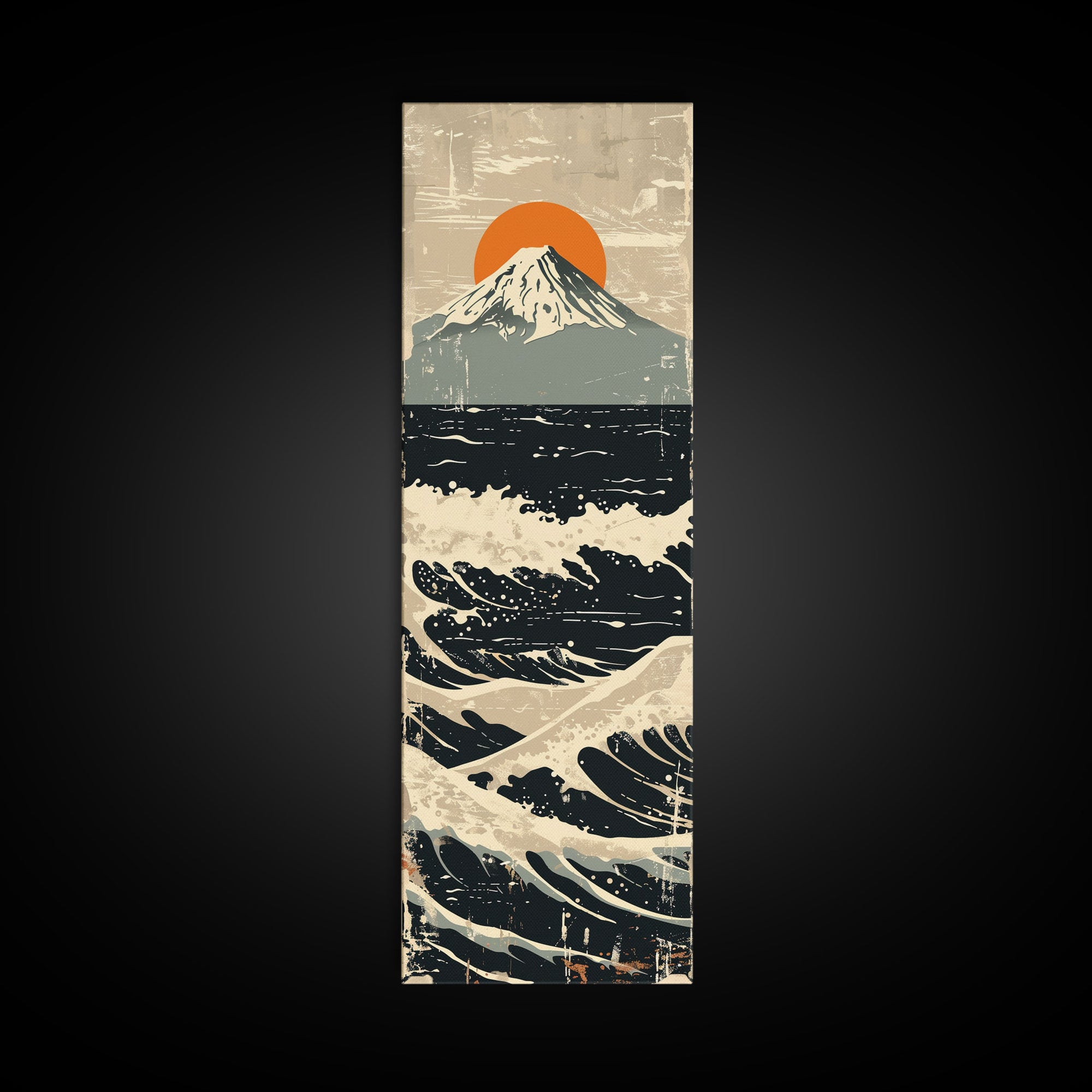 Skinny Art Tall Art Framed Canvas Print Japanese Style Art Vintage Mount Fuji Sun And Waves Wood Block Print Ukiyo-e Feng Shui Wall Art