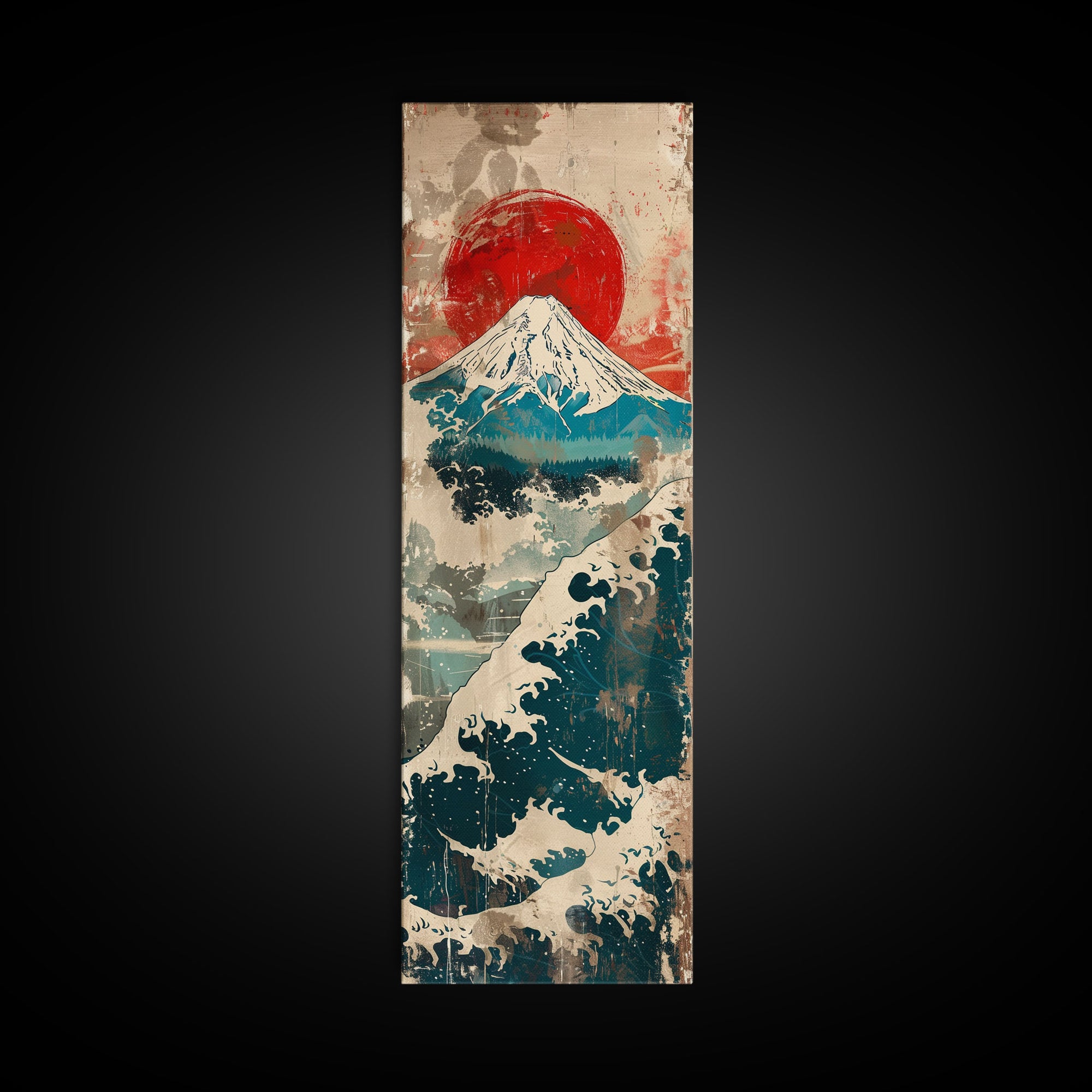 Skinny Art Tall Art Framed Canvas Print Japanese Style Art Retro Red Sun Mount Fuji Wood Block Print Ukiyo-e Feng Shui Wall Art