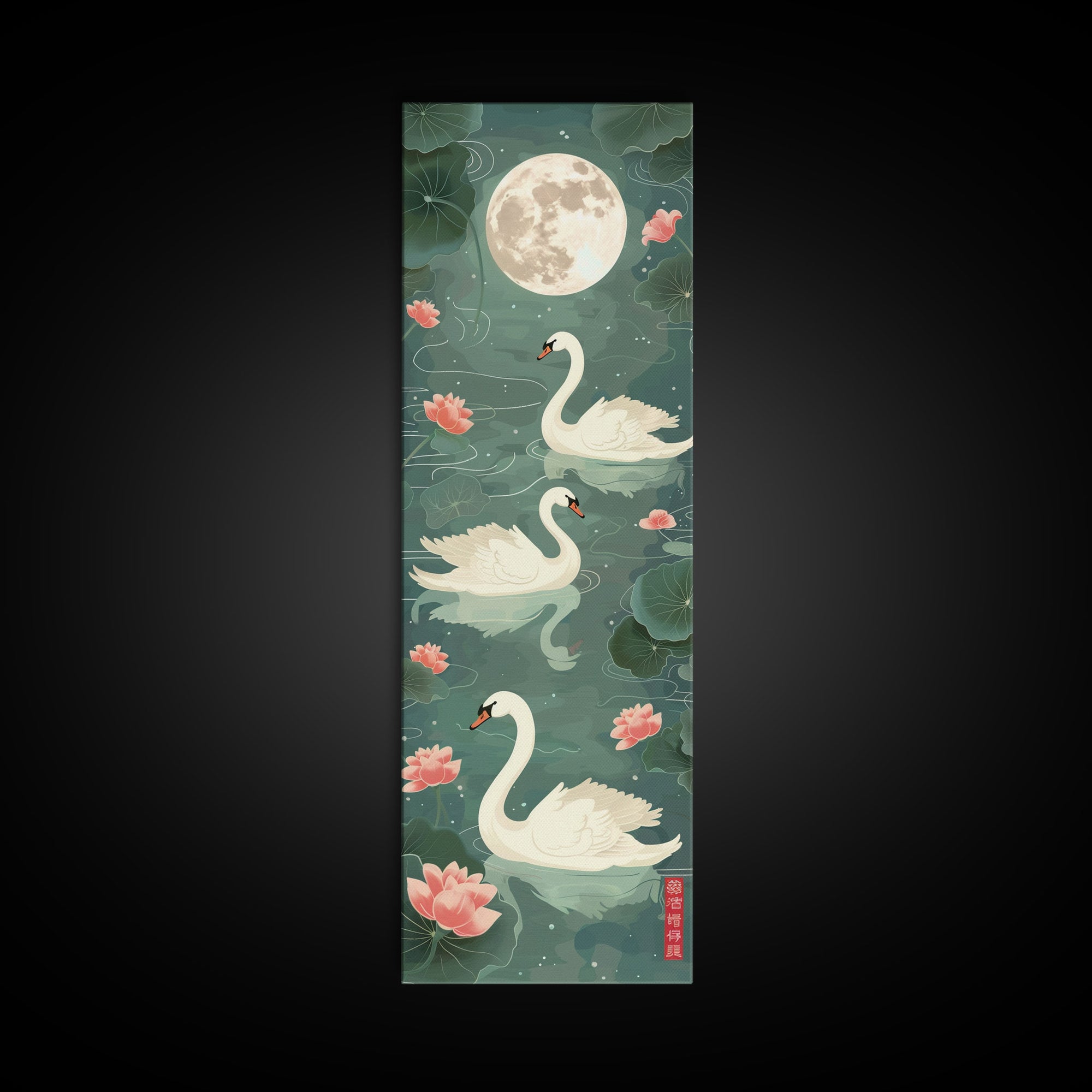 Swans Floating Gracefully Under The Full Moon In Japanese Style Ukiyo-e Art Framed Canvas Print Skinny Art Tall Art