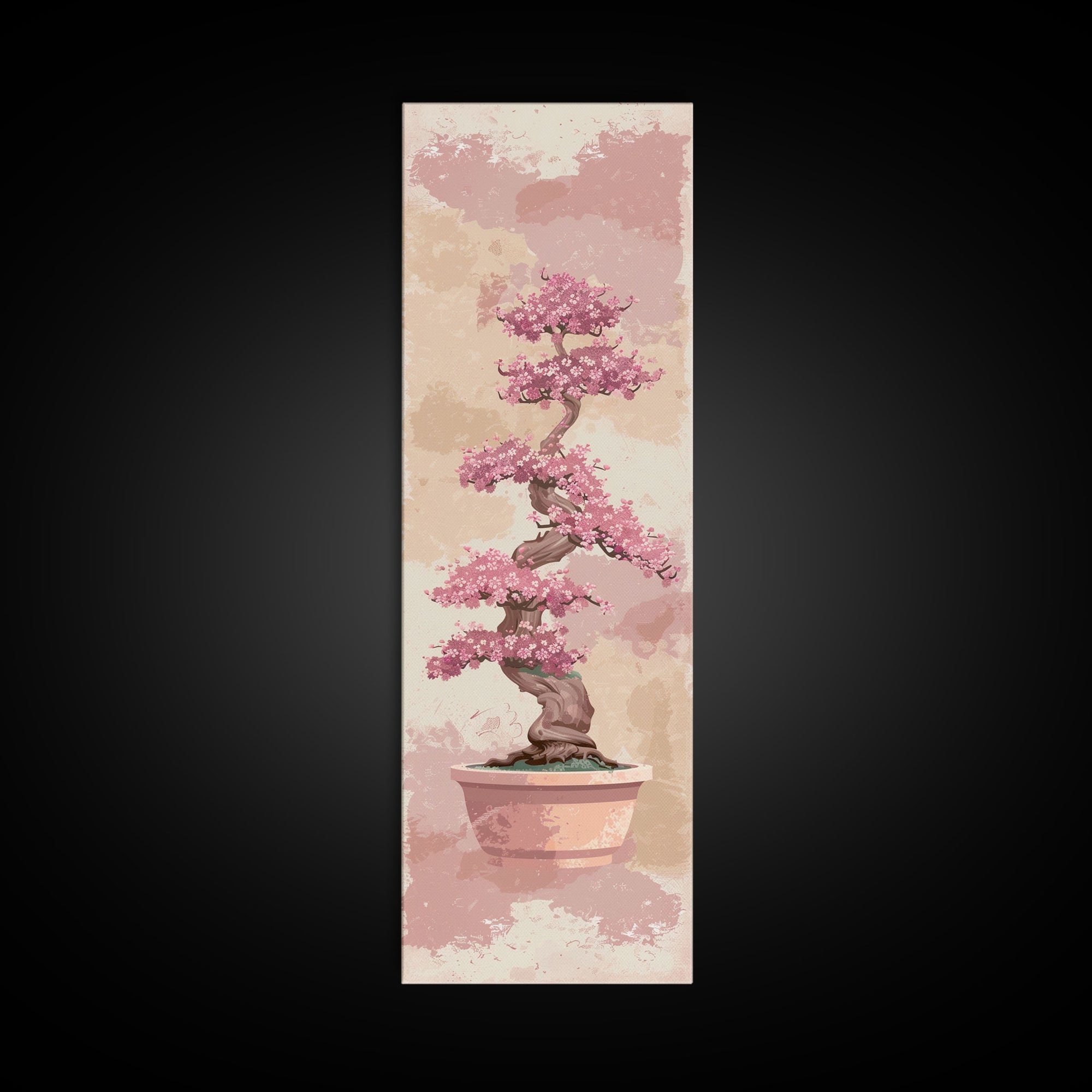 Tall Skinny Art Japanese Style Wood Block Print Potted Bonsai Tree On A Textured Background In Ukiyo-e Style For Framed Canvas Print