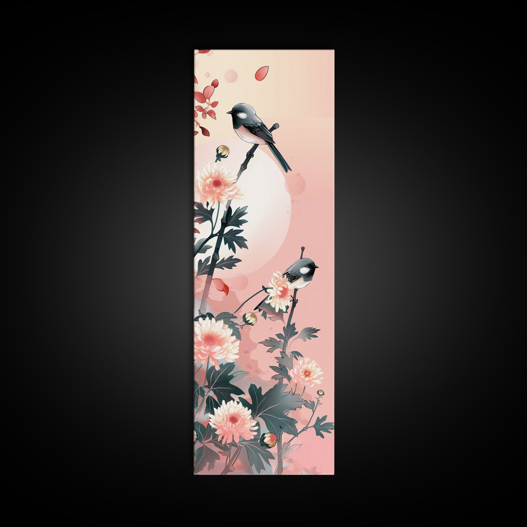 Tall Skinny Art Japanese Style Wood Block Print Birds On Branches Against A Soft Background For Framed Canvas Print In Ukiyo-e Style