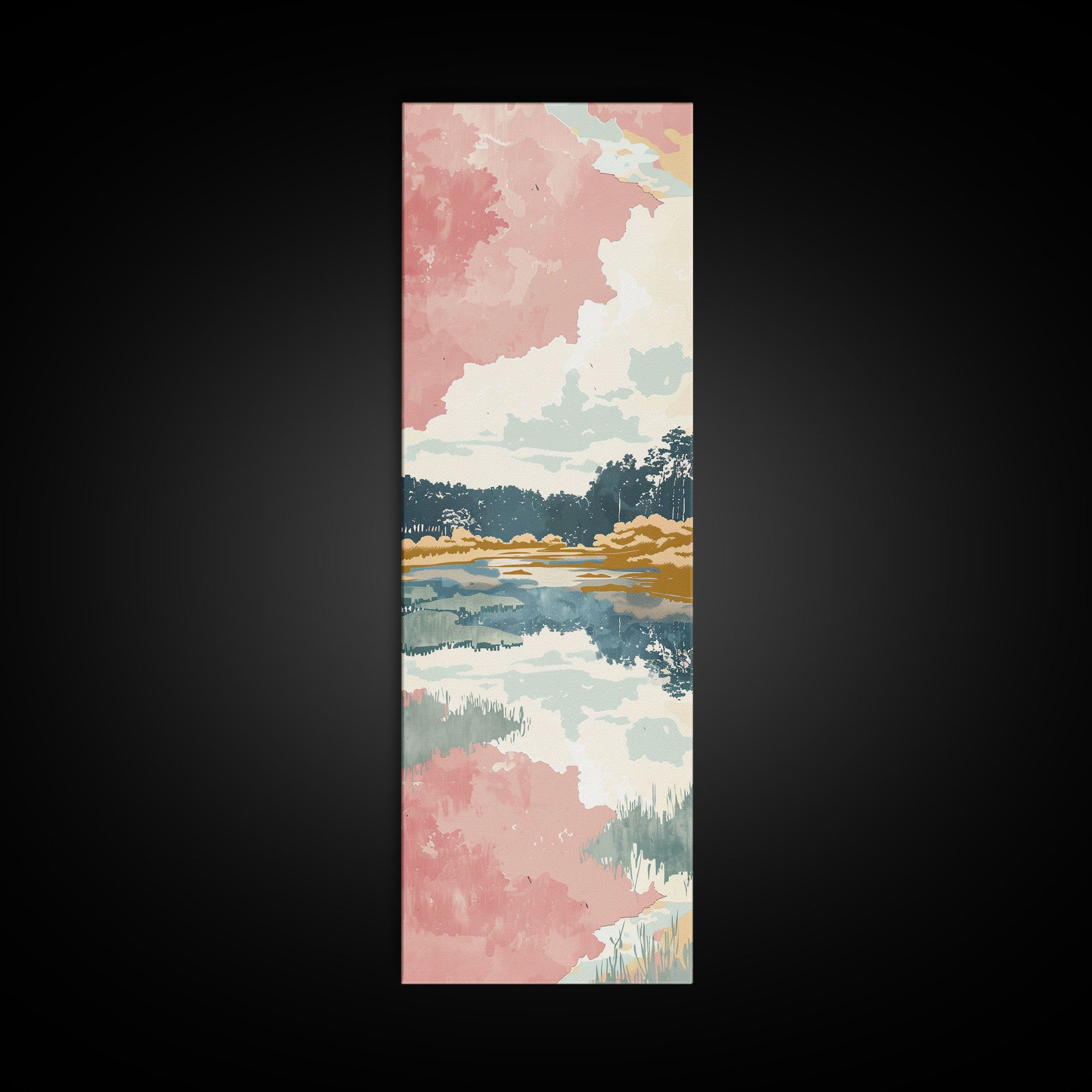 Tall Skinny Art Japanese Style Wood Block Print Serene Lake Scene With Pastel Reflections For Framed Canvas Print In Ukiyo-e Style