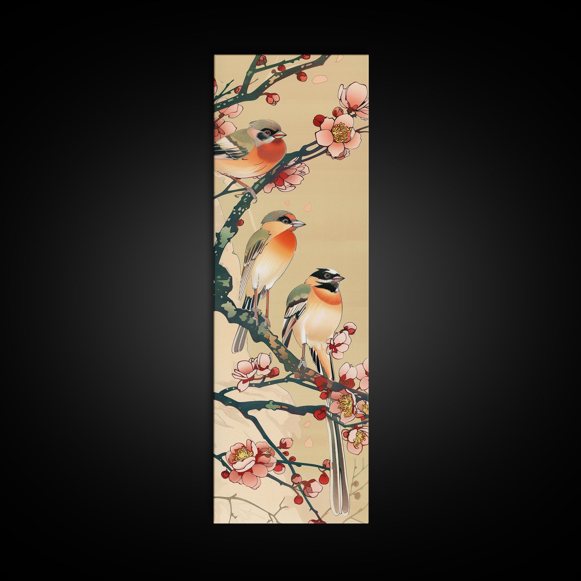 Tall Skinny Art Japanese Style Wood Block Print Vibrant Birds On Flowering Branches In Ukiyo-e Style For Framed Canvas Print