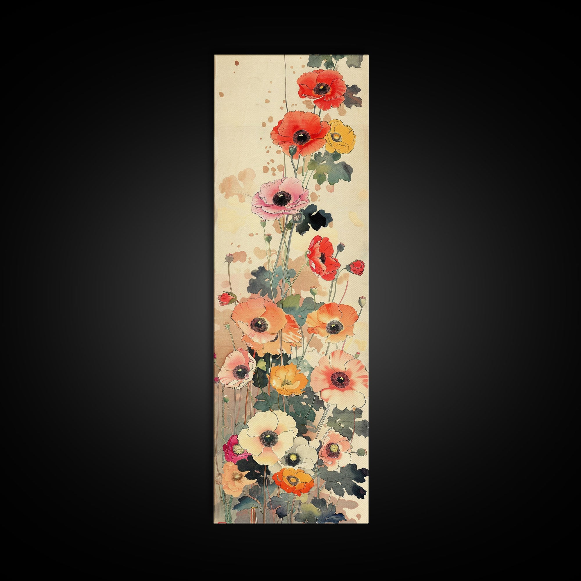 Tall Skinny Art Japanese Style Wood Block Print Colorful Poppy Flowers On A Neutral Background For Framed Canvas Print In Ukiyo-e Style