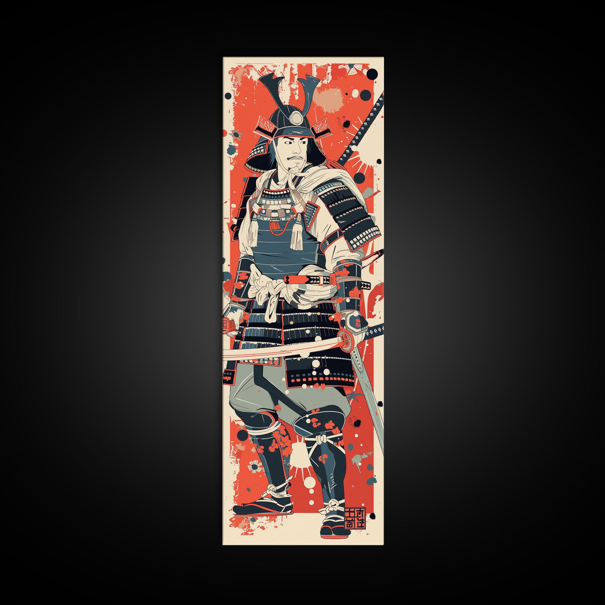 Tall Skinny Art Japanese Style Wood Block Print Samurai Warrior In Full Armor On A Red Background For Framed Canvas Print In Ukiyo-e Style