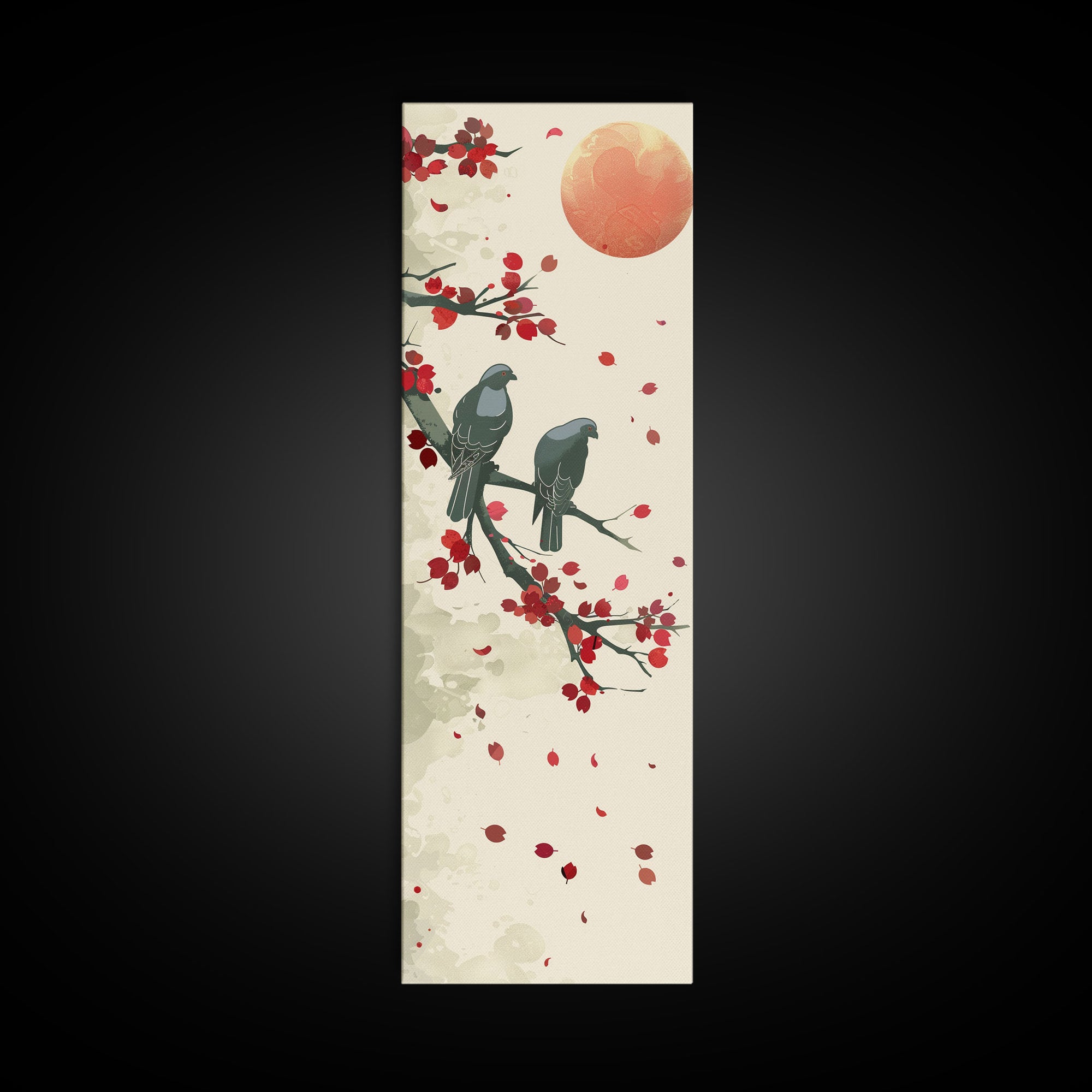 Two Pigeons On Branch With Red Leaves Skinny Art Wood Block Print Japanese Style Art Framed Canvas Print Tall Art Ukiyo-e Art