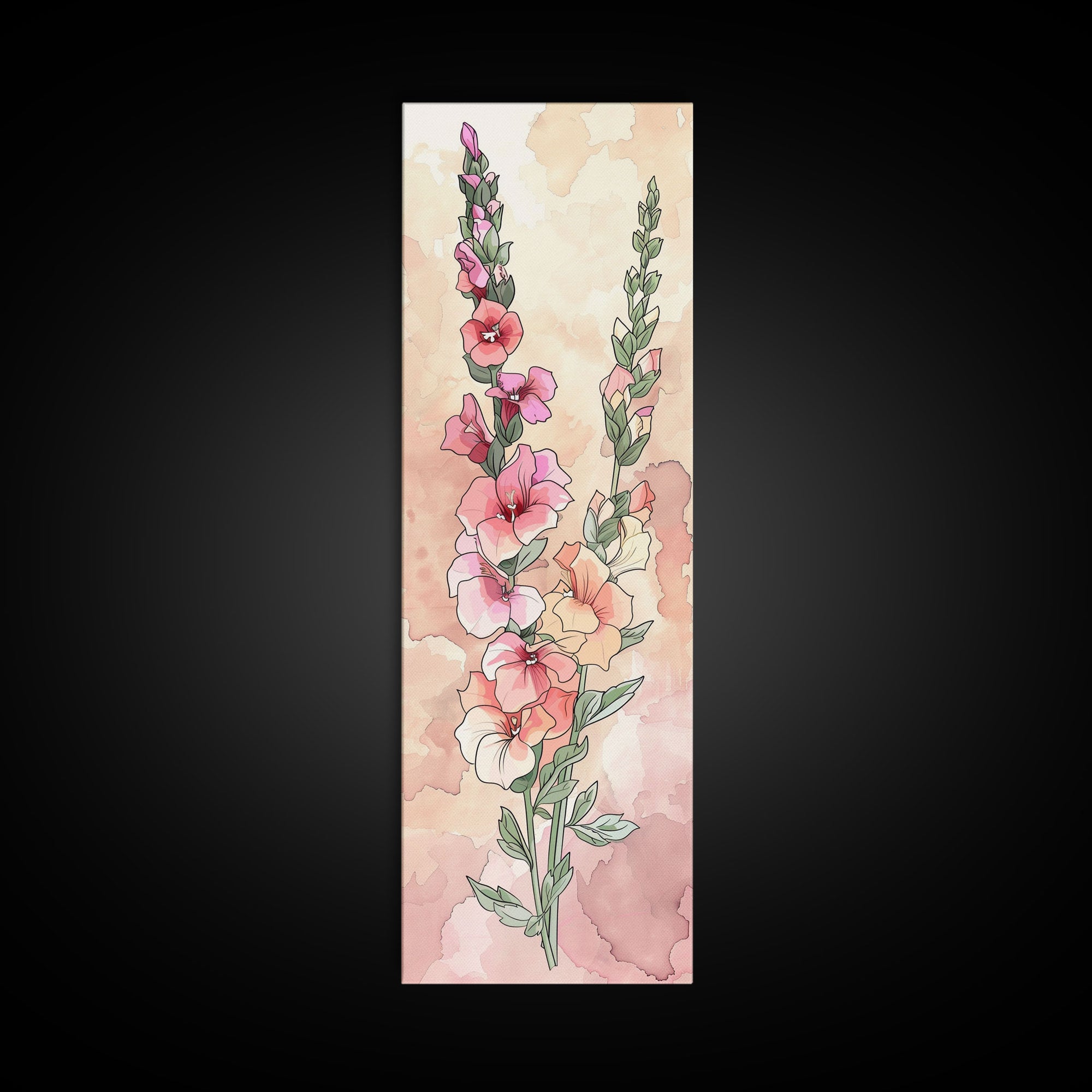 Vibrant Gladiolus Skinny Art Tall Art Japanese Ukiyo-e Inspired Floral Framed Canvas Print for Brightening Any Room