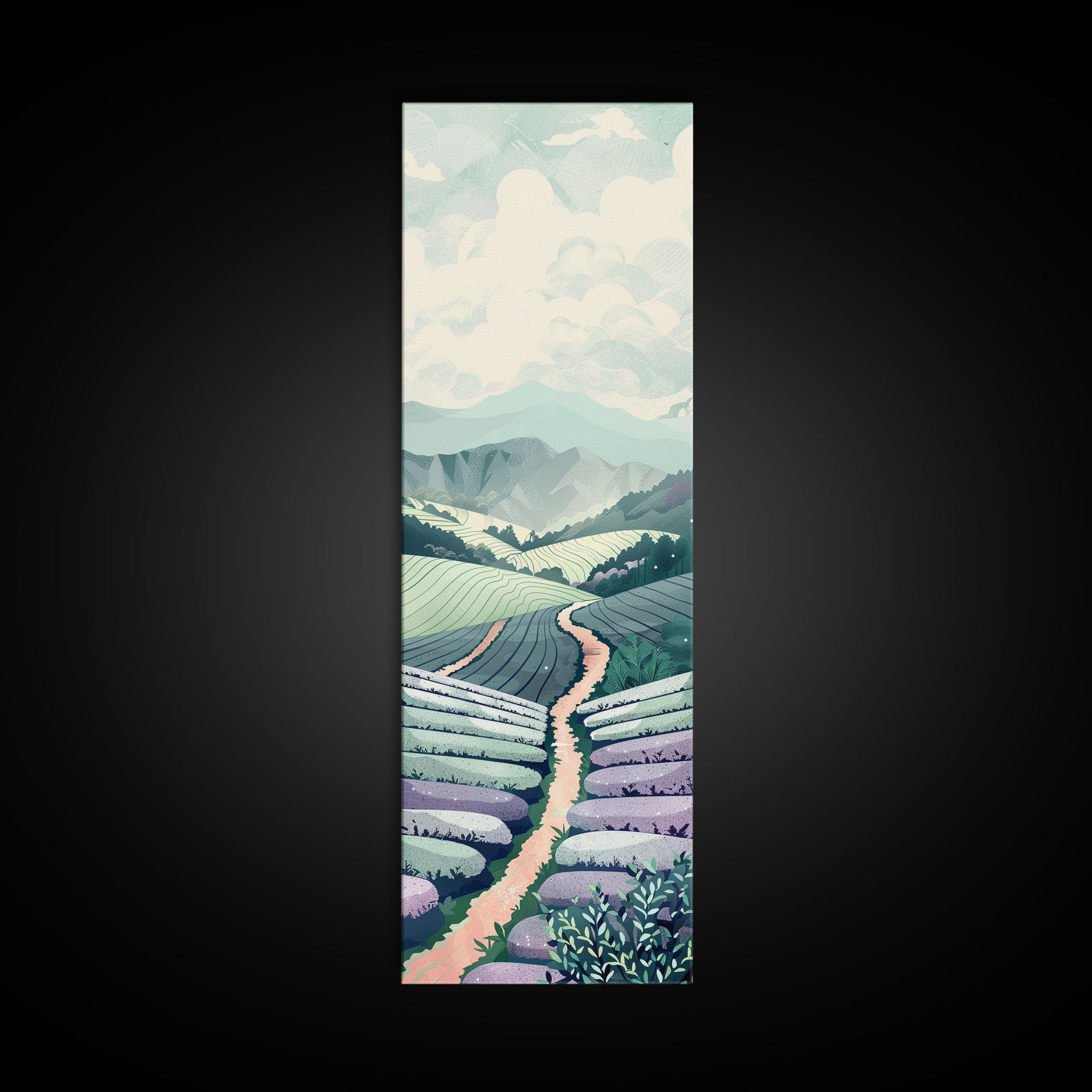 Tranquil Lavender Fields Skinny Art Tall Art Japanese Ukiyo-e Inspired Landscape Framed Canvas Print for Serene Living Spaces