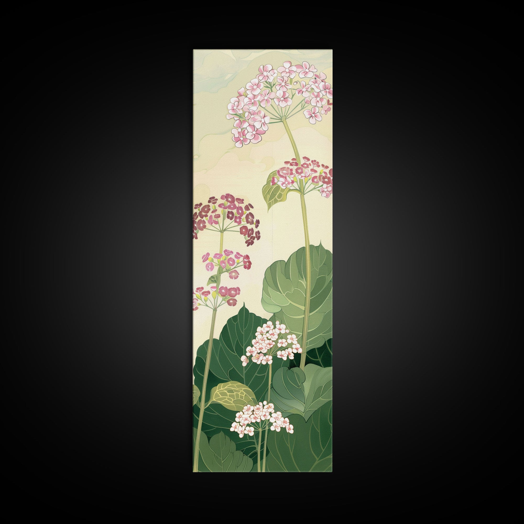 Towering Flower Stalks with Soft Green Leaves against a Pale Background - Skinny Art, Japanese Wall Decor, Framed Canvas Print, Ukiyo-e Style