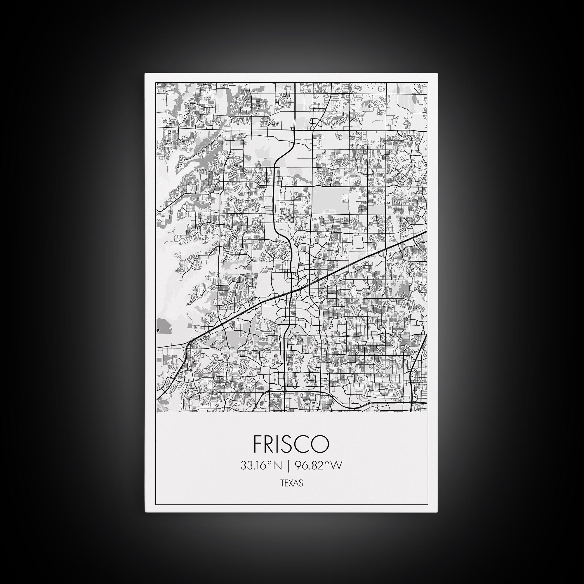 Frisco Street Map, Texas Map, City Map Art, Minimalist Art, Wall Art, Canvas Print, Black And White Art, Office Wall Art, Aviation Gift