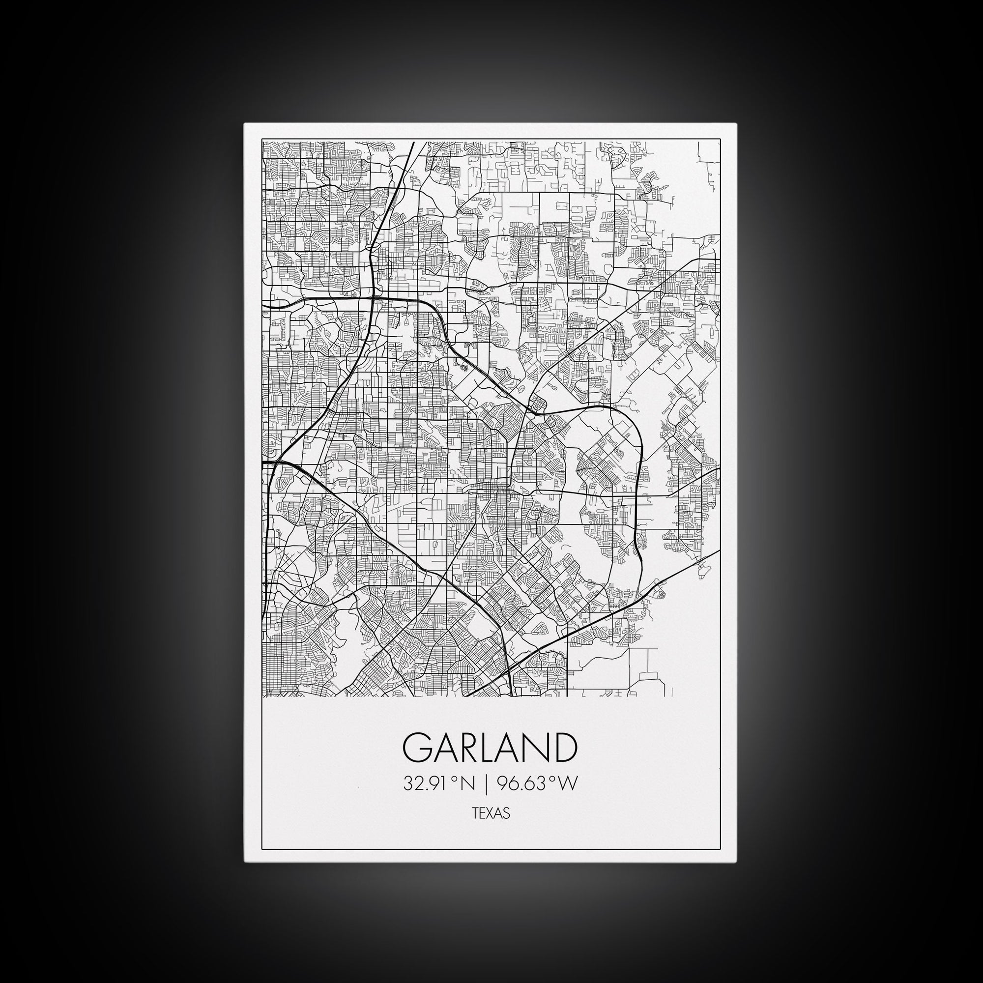 Garland Street Map, Texas Map, City Map Art, Minimalist Art, Wall Art, Canvas Print, Black And White Map, Travel Wall Art, Gift For Her