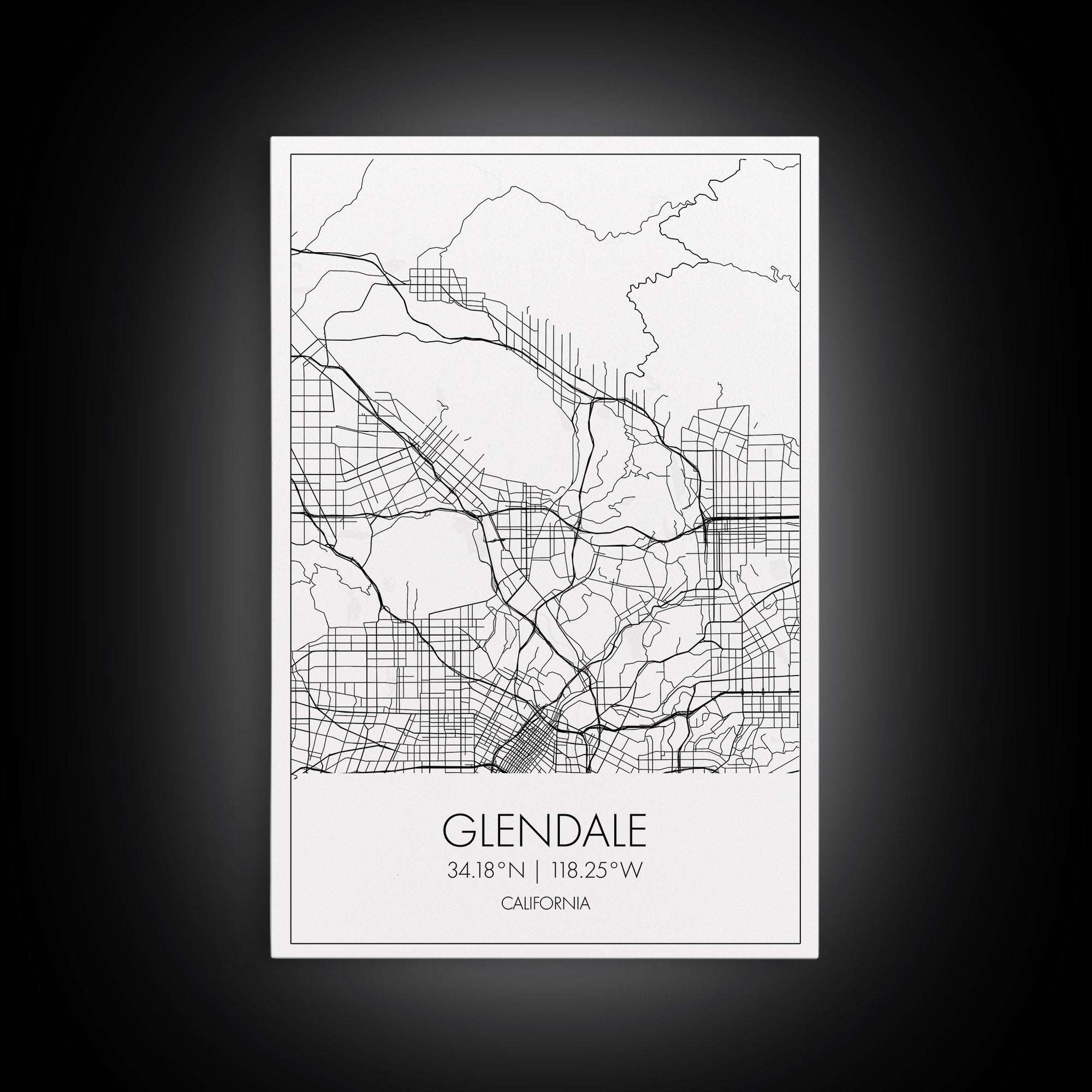 Glendale Street Map, California Map, City Map Art, Minimalist Art, Wall Art, Canvas Print, Black And White Map, Gifts For Him, Travel Art