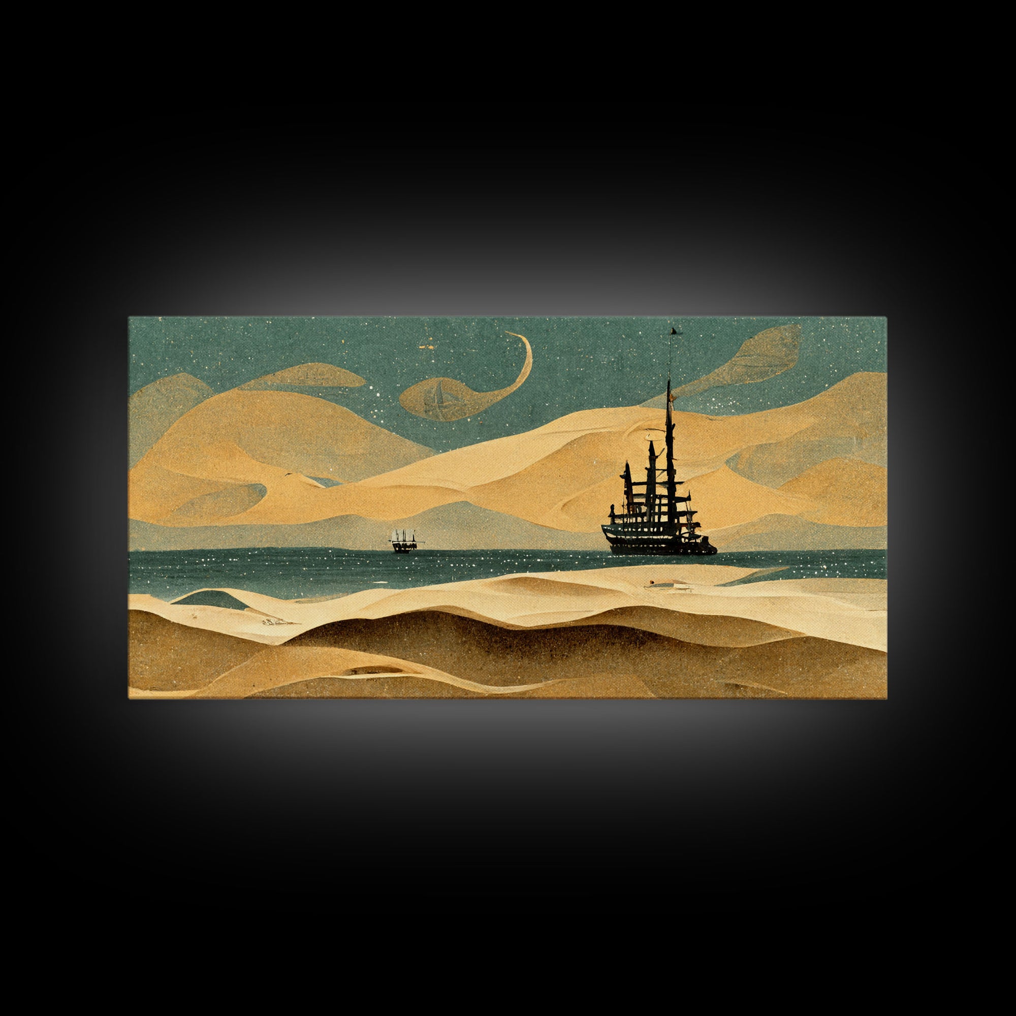 Art deco canvas print, pirate ship at sea beyond the sand dunes, living room wall art