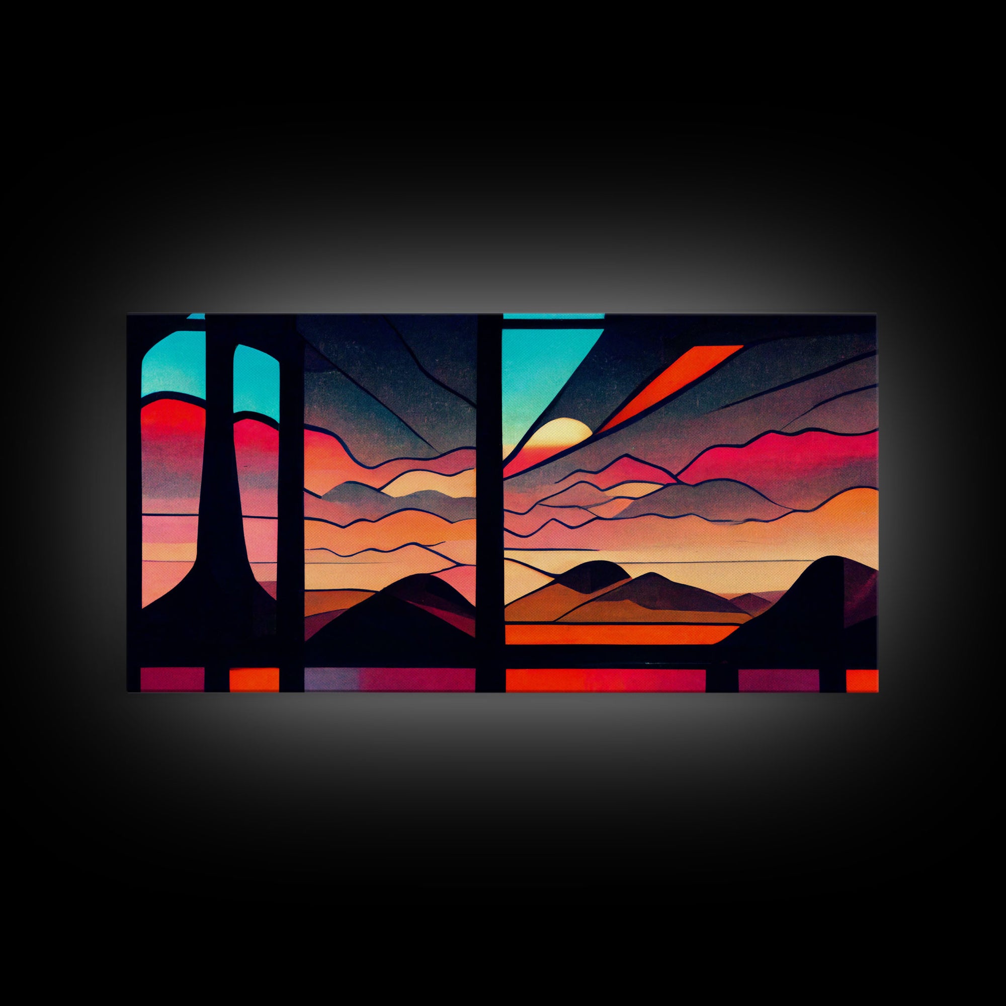 Pueblo style art deco sunset canvas print, outrun, colorful art, desert art, living room wall art, stained glass look, Arizona style art