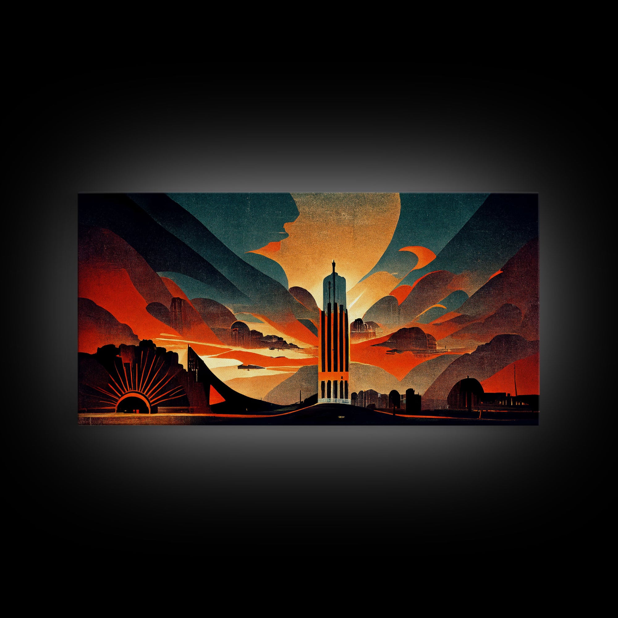 Dystopian metropolis canvas print, ready to hang wall art, art deco sunset, 1930s architecture, living room art, art nouveau