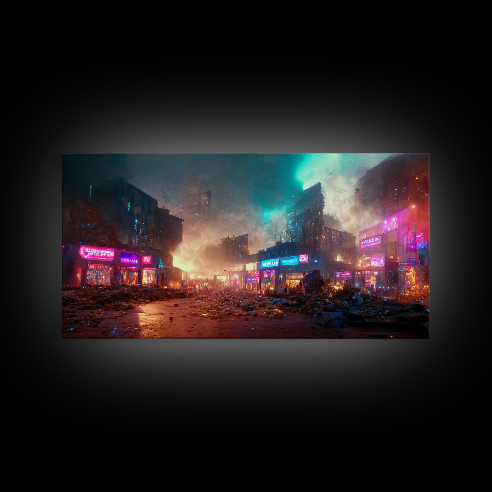 Destitute cyberpunk city with neon signs wall art, Bladerunner vibes art, synthwave style art, cool wall art