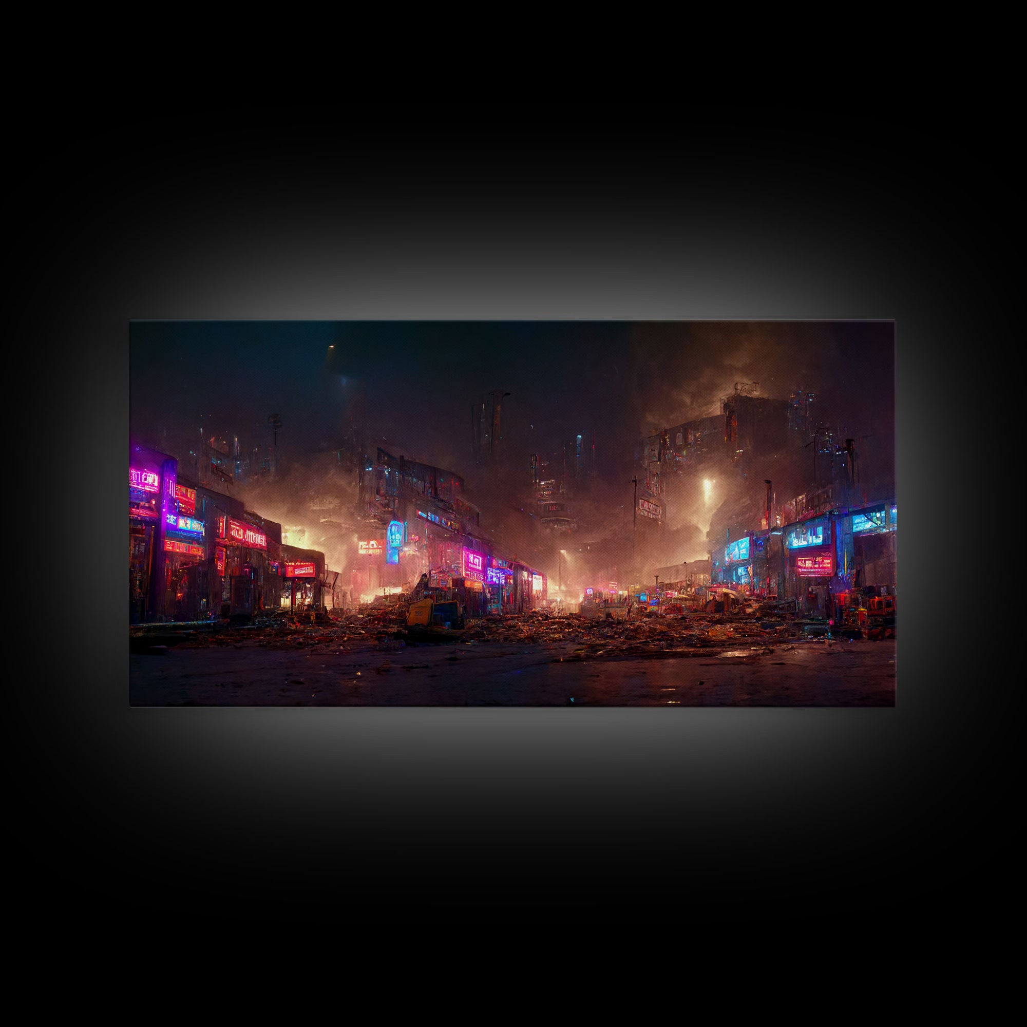 Destitute cyberpunk city with neon signs wall art, Bladerunner vibes art, synthwave style art, cool wall art