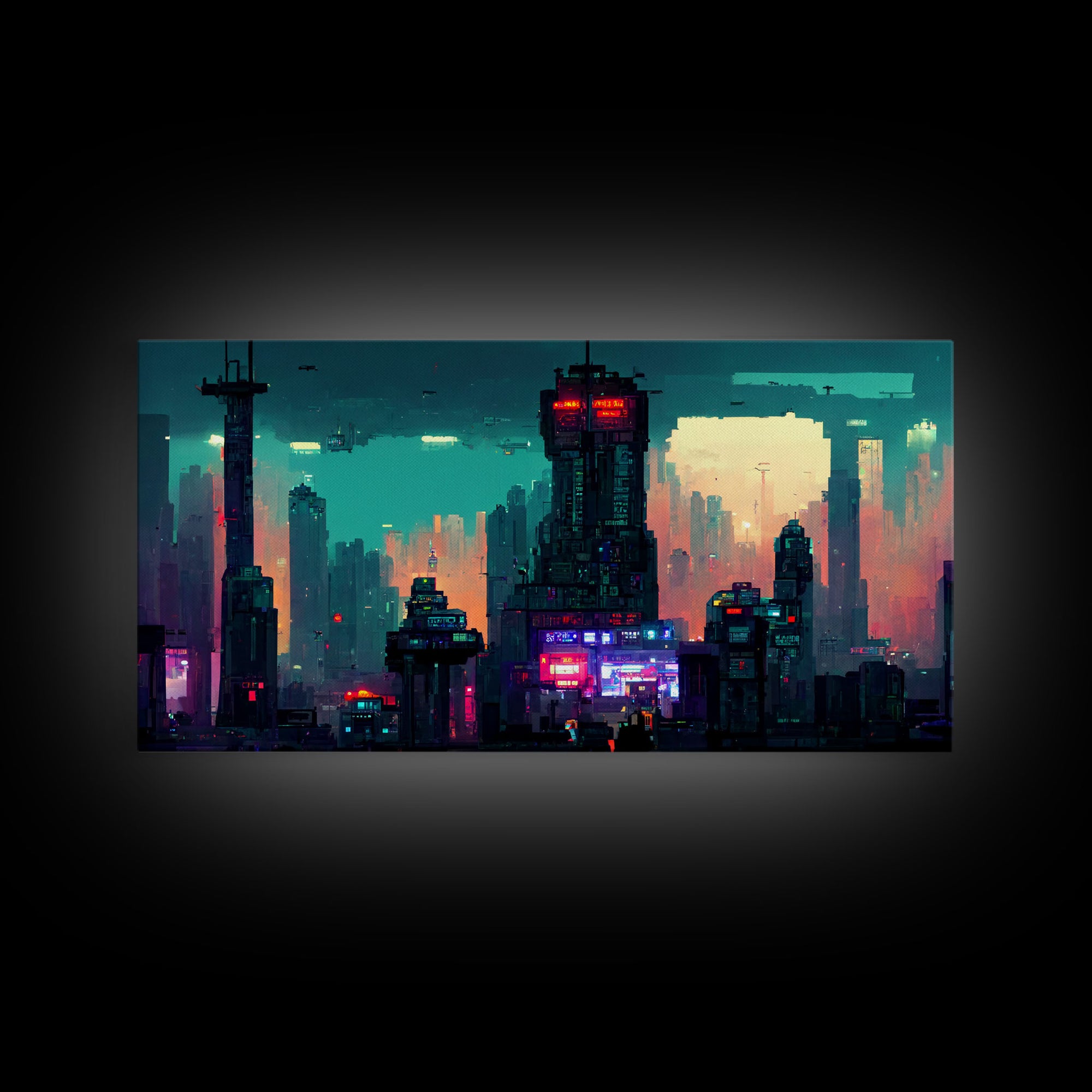 cyberpunk city pixel art canvas print, wall art, Bladerunner vibes art, synthwave style art, cool wall art