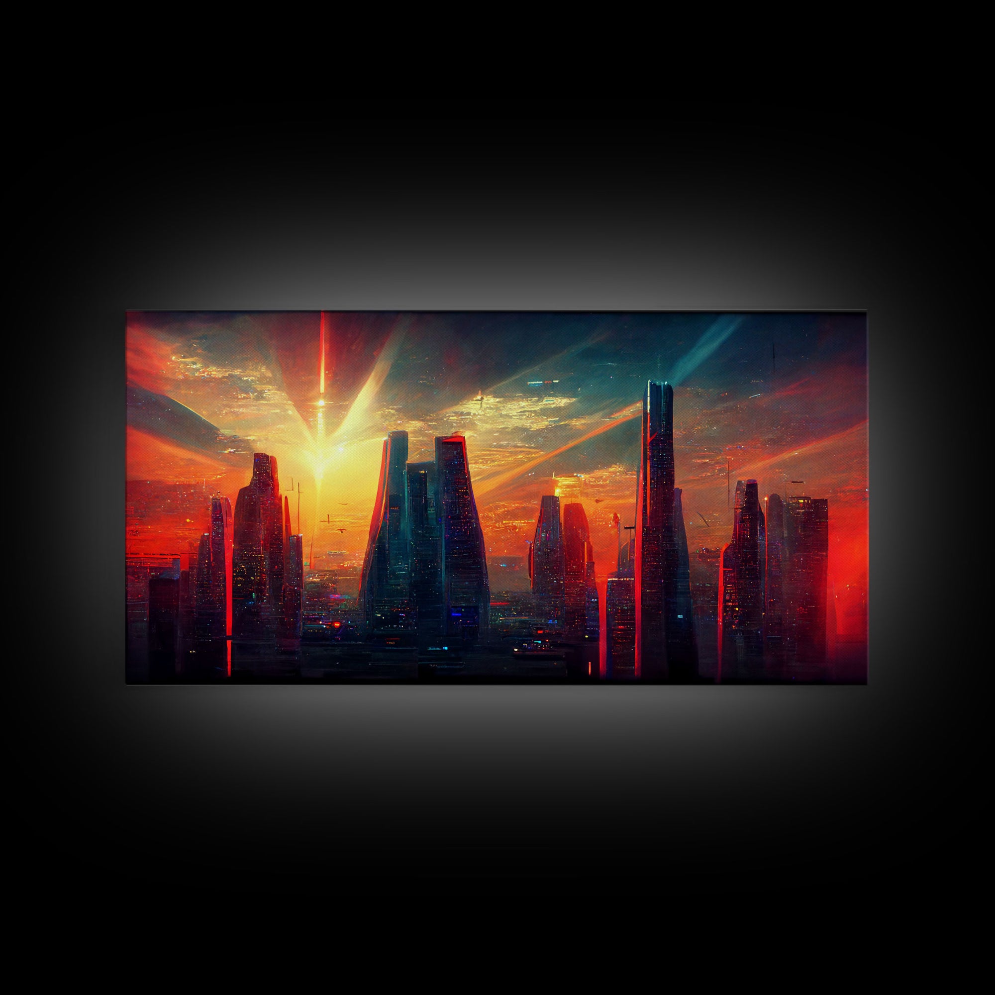 Cyberpunk canvas print, cyber punk city at sunset, Bladerunner vibes art, synthwave style art, cool wall art, night city